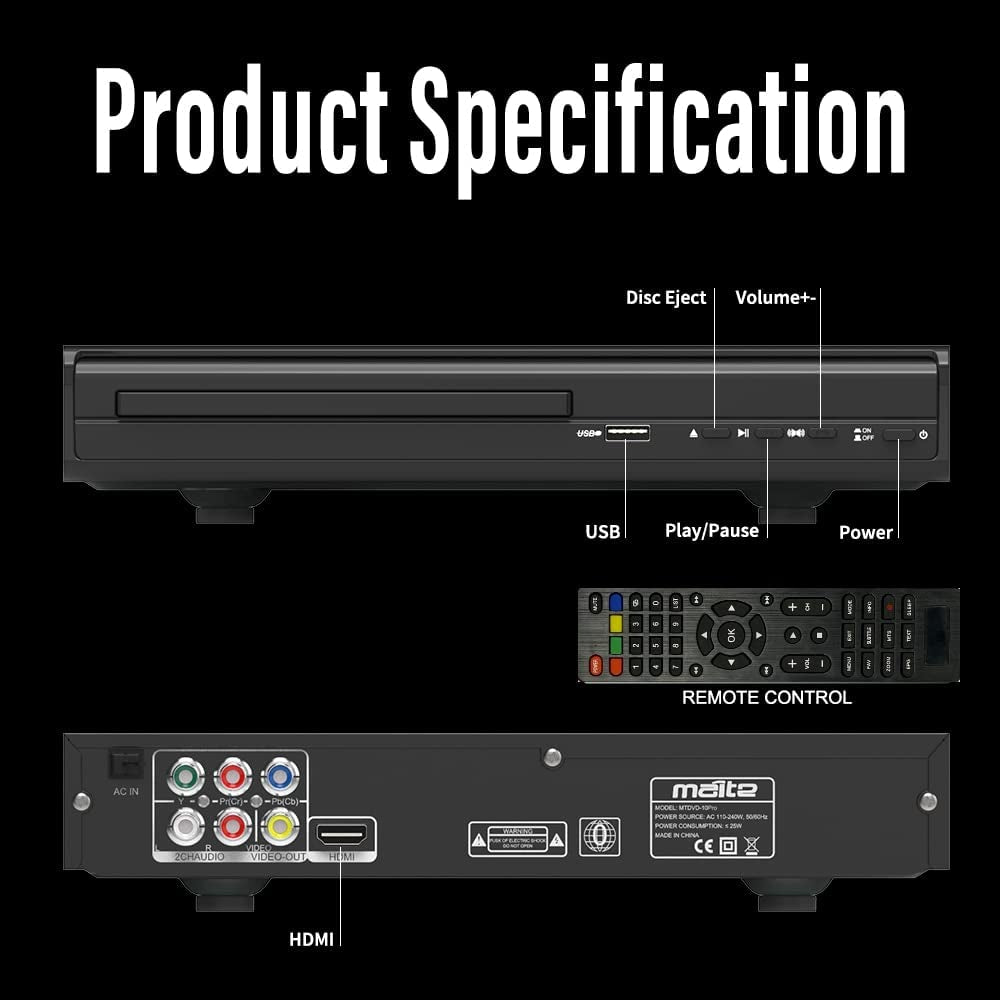 DVD Player with HDMI AV Output, NTSC/PAL System, Mic & USB Input - Includes HDMI/RCA Cables and Remote Control (Batteries Not Included)