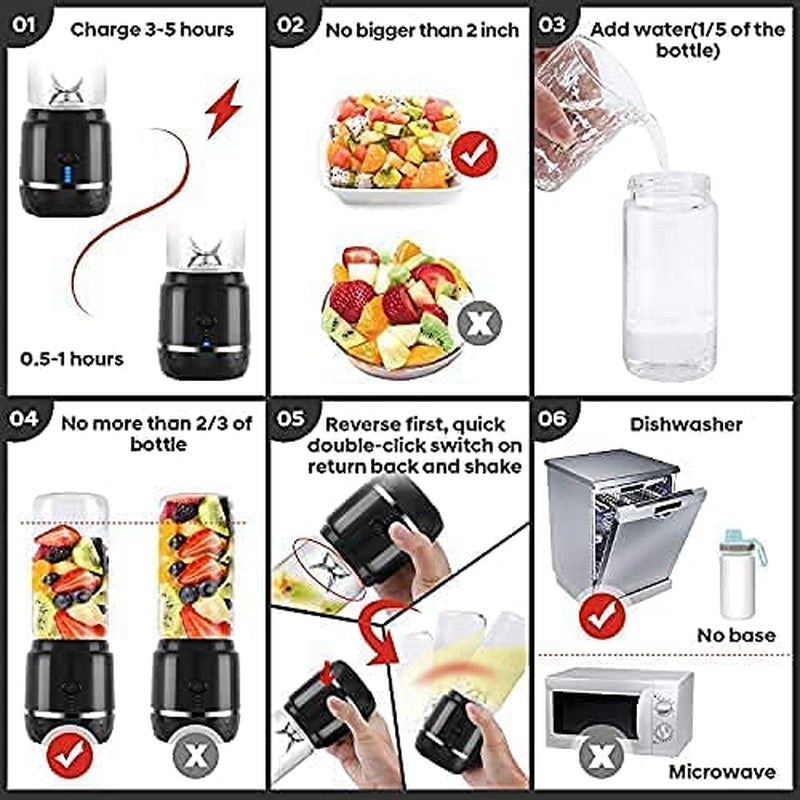 USB Rechargeable Portable Personal Size Blender: Mini Juicer Blender for Smoothies, Shakes, Baby Food, with 2 Glass Juicer Cups and 4000mAh High-Capacity Batteries (Black)