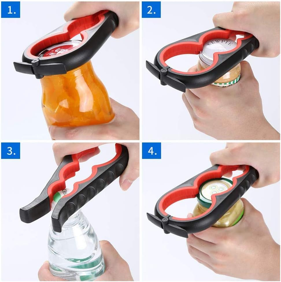 5-in-1 Multi-Function Kitchen Tool: Jar Opener, Manual Can Opener, Bottle Opener Kit in Red. Easily Open a Variety of Cans, Bottles, Jars, Beer, and Soda Pops with the Silicone Hand Gripper Aid.