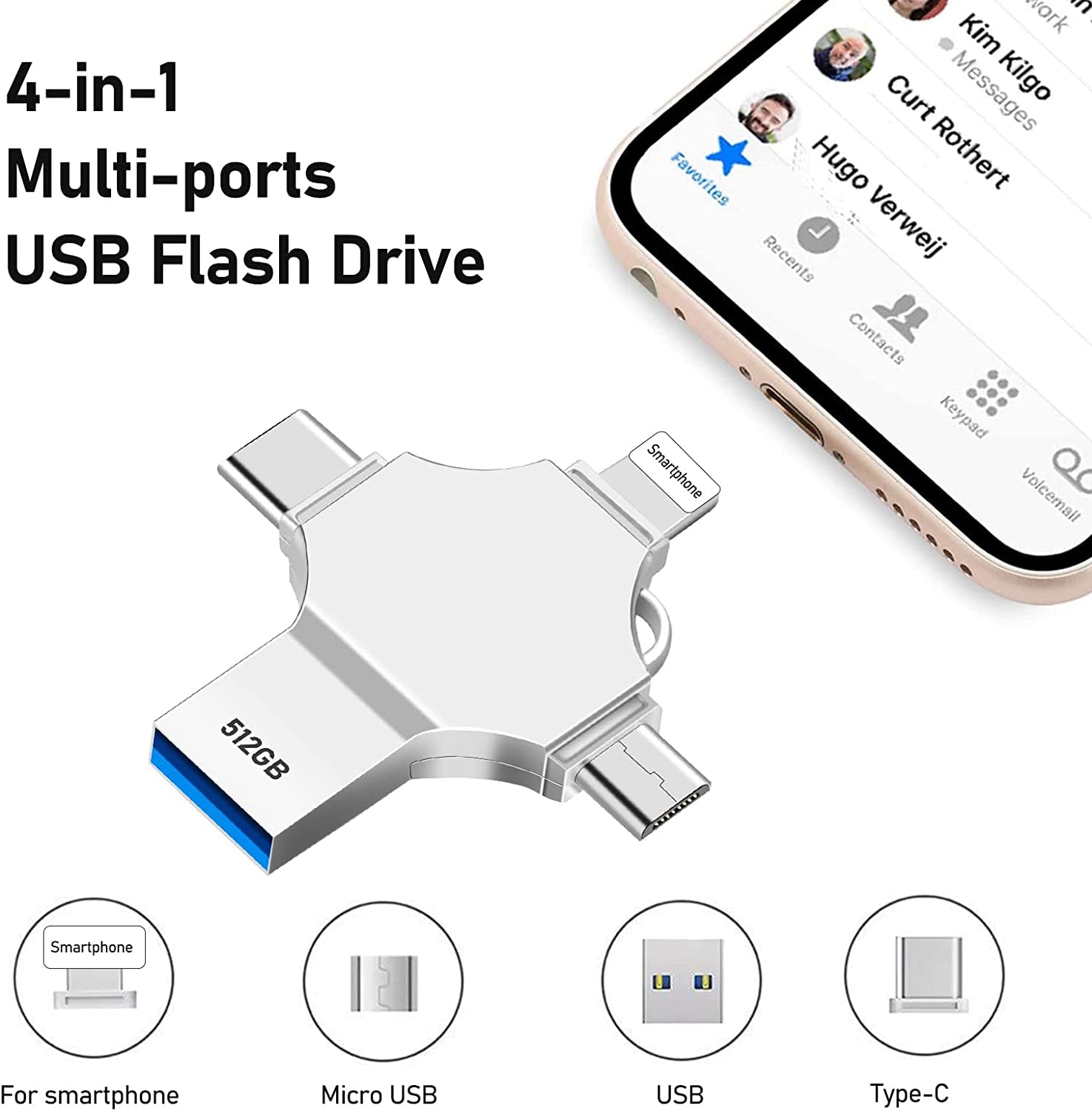  512GB USB Flash Drive: 4-in-1 Metal Thumb Drive for Smart Devices, OTG Android, Computers, and Tablets - High-Speed USB Memory Stick with Photo Storage and External Storage Capabilities