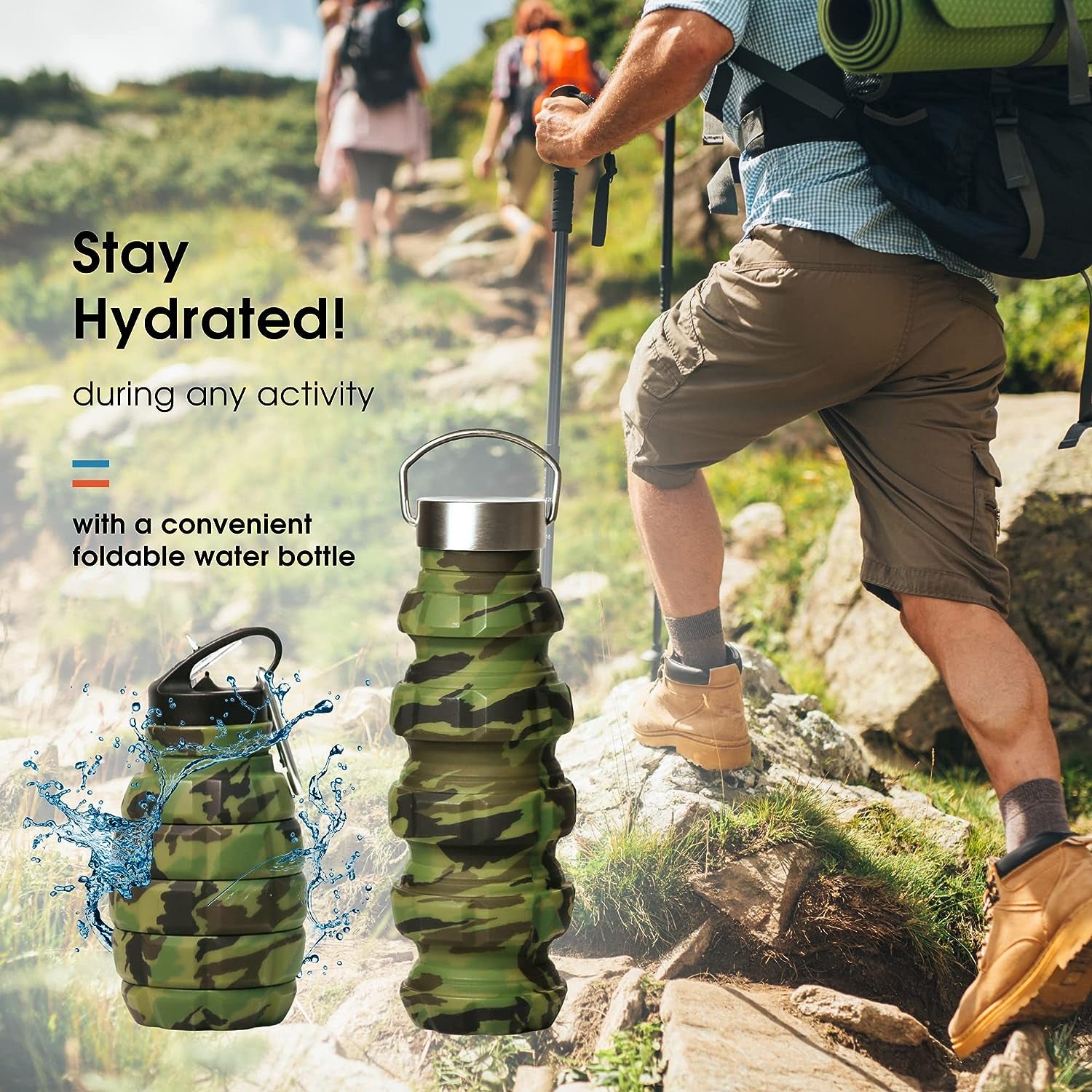 20 oz Camo Collapsible Water Bottle with 2 Lids, Carabiner, and Box - Ideal for Hiking, Camping, and as a Gift for Men - Portable Army Military-style Gym Bottle.