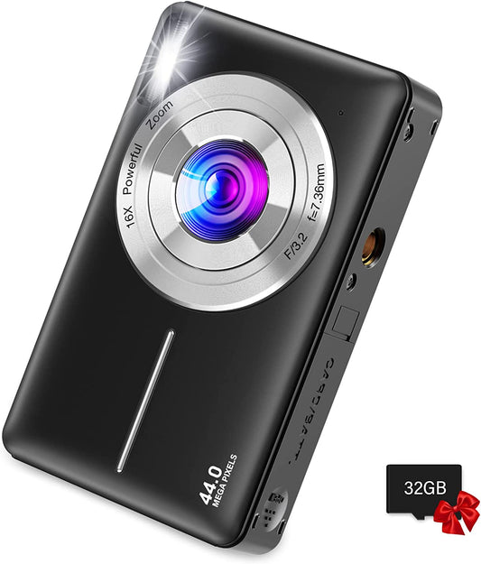 Kids Digital Camera with 32GB Card, FHD 1080P 44MP Compact Vlogging Camera, Point and Shoot Camera with 16X Digital Zoom, Portable Mini Camera for Teens and Students (Black)