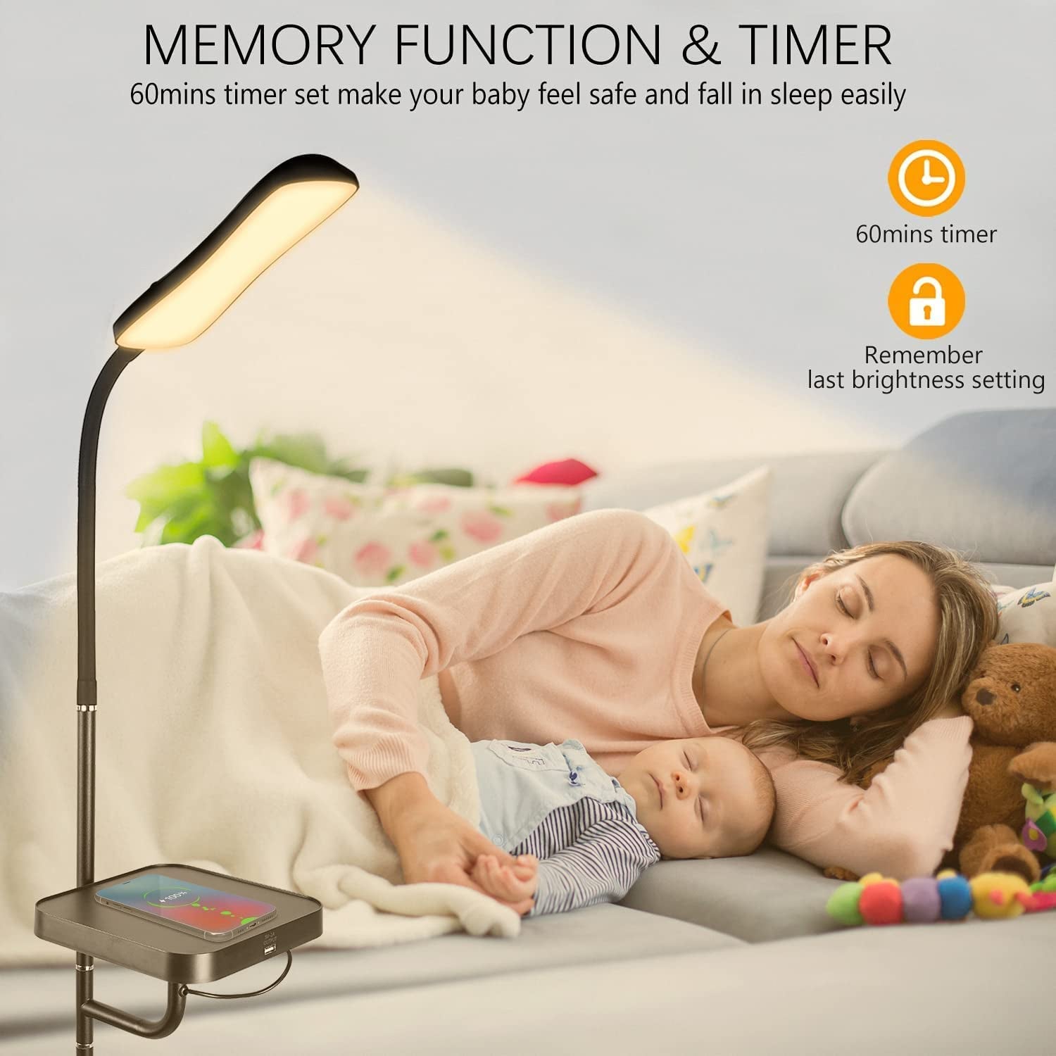 Floor Lamp with Wireless Charger, Flexible Gooseneck Standing Lamp with Timer & Memory Function, 4 Brightness Levels & 4 Colors Dimmable (2700K-6500K) for Home Office Living Bed Room Reading