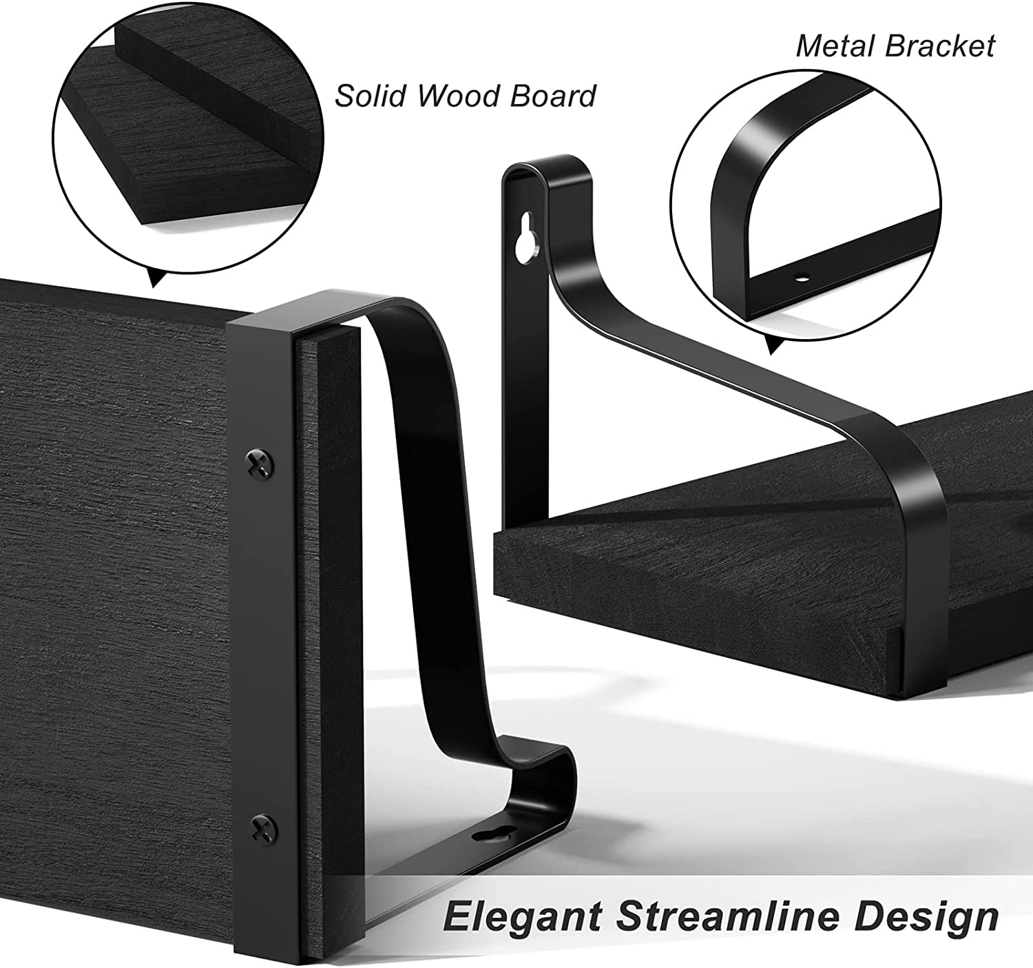 Set of 3 Floating Shelves - Wall Mounted - Rustic Wood Design - Suitable for Bedroom, Living Room, Bathroom, and Kitchen - Color: Black - Adds Stylish Wall Storage.