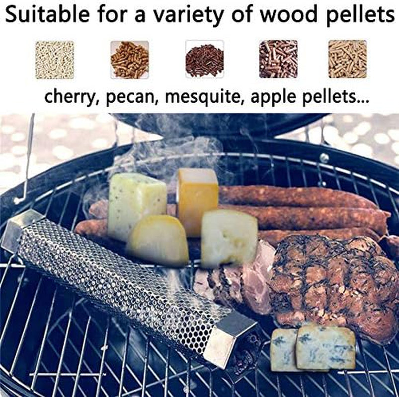 12-Inch Perforated Stainless Steel Pellet Smoker Tube for Cold and Hot Smoking - Portable Barbeque Smoke Generator Box with Tong, Brushes, and S-Shaped Hooks