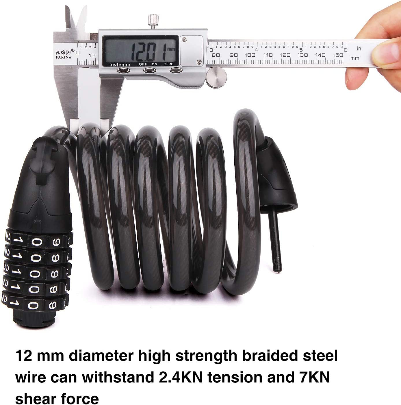 Heavy Duty 5-Digit Combination Cable Chain Lock for Bicycles, Motorcycles, and Scooters - 1.2cm/4ft Long, 0.5"/12mm Diameter, with Mounting Bracket