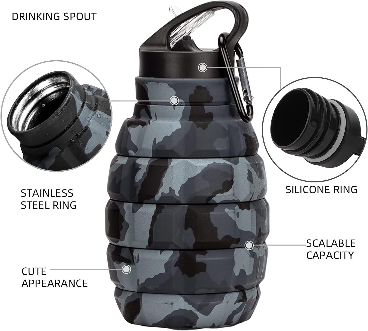 18oz Collapsible Travel Water Bottle - BPA-Free Silicone, Foldable and Reusable - Perfect for Gym, Camping, Hiking - Portable and Leak-Proof Sports Water Bottle with Carabiner - Dark Gray Camouflage Design.