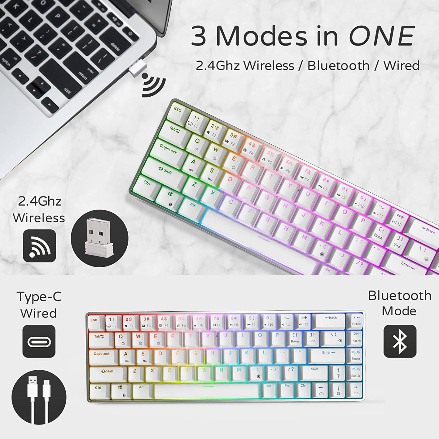 Wireless/Bluetooth/Wired RK68 Pro Mechanical Keyboard - Gateron Brown Switch Gaming Keyboard with CNC Case, RGB Hot Swappable, and Software for Win/Mac.