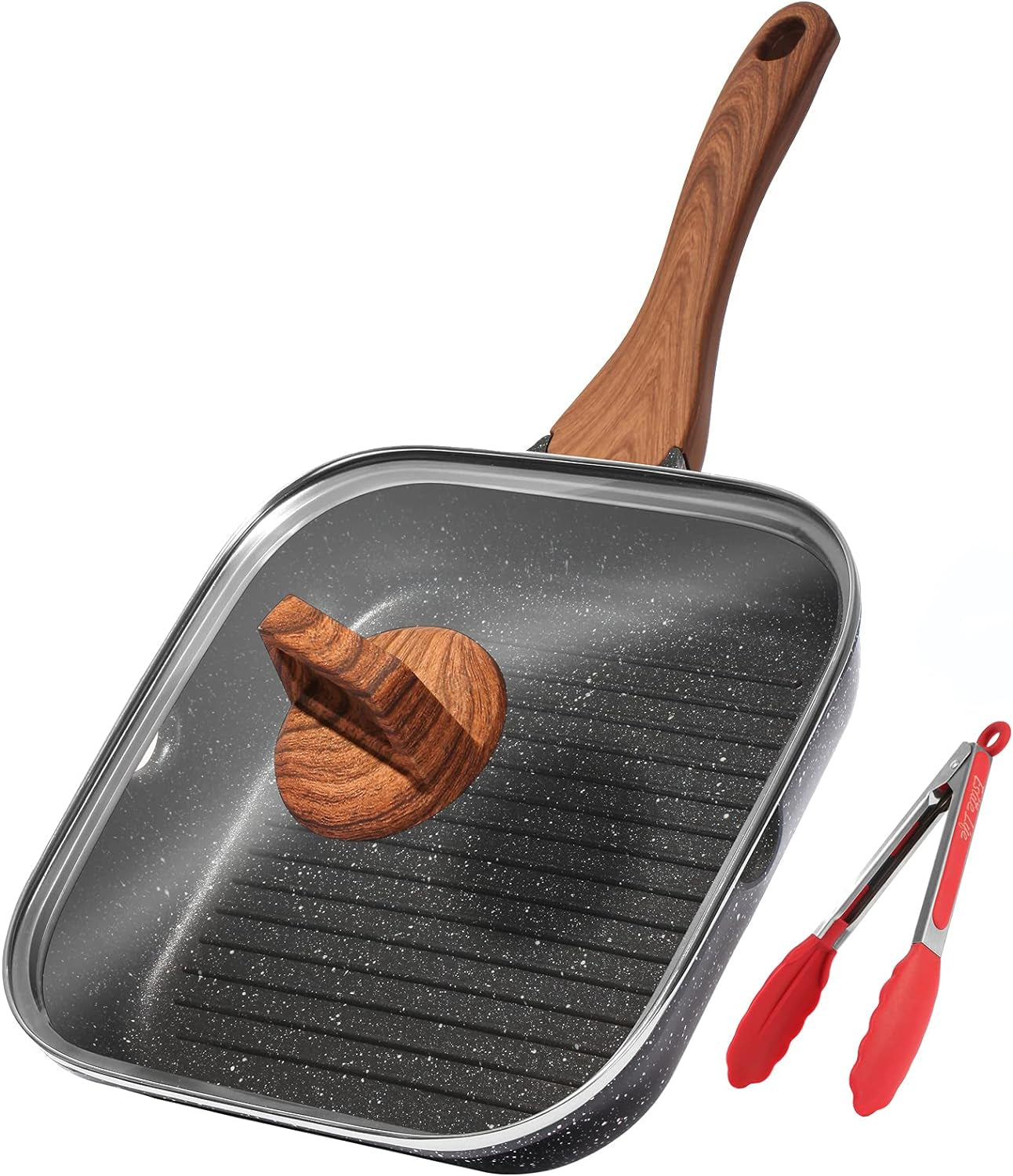 9.5 Inch Nonstick Grill Pan with Lid for Stove Tops, Induction Compatible, PFOA & PTFEs Free