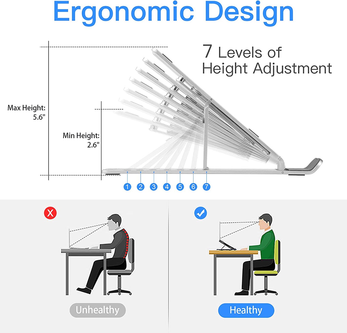 Ergonomic Aluminum Laptop Stand - Adjustable, Portable, and Ventilated - Compatible with 9-17" Laptops - 7 Levels of Height Adjustment - Ideal for Desk Use