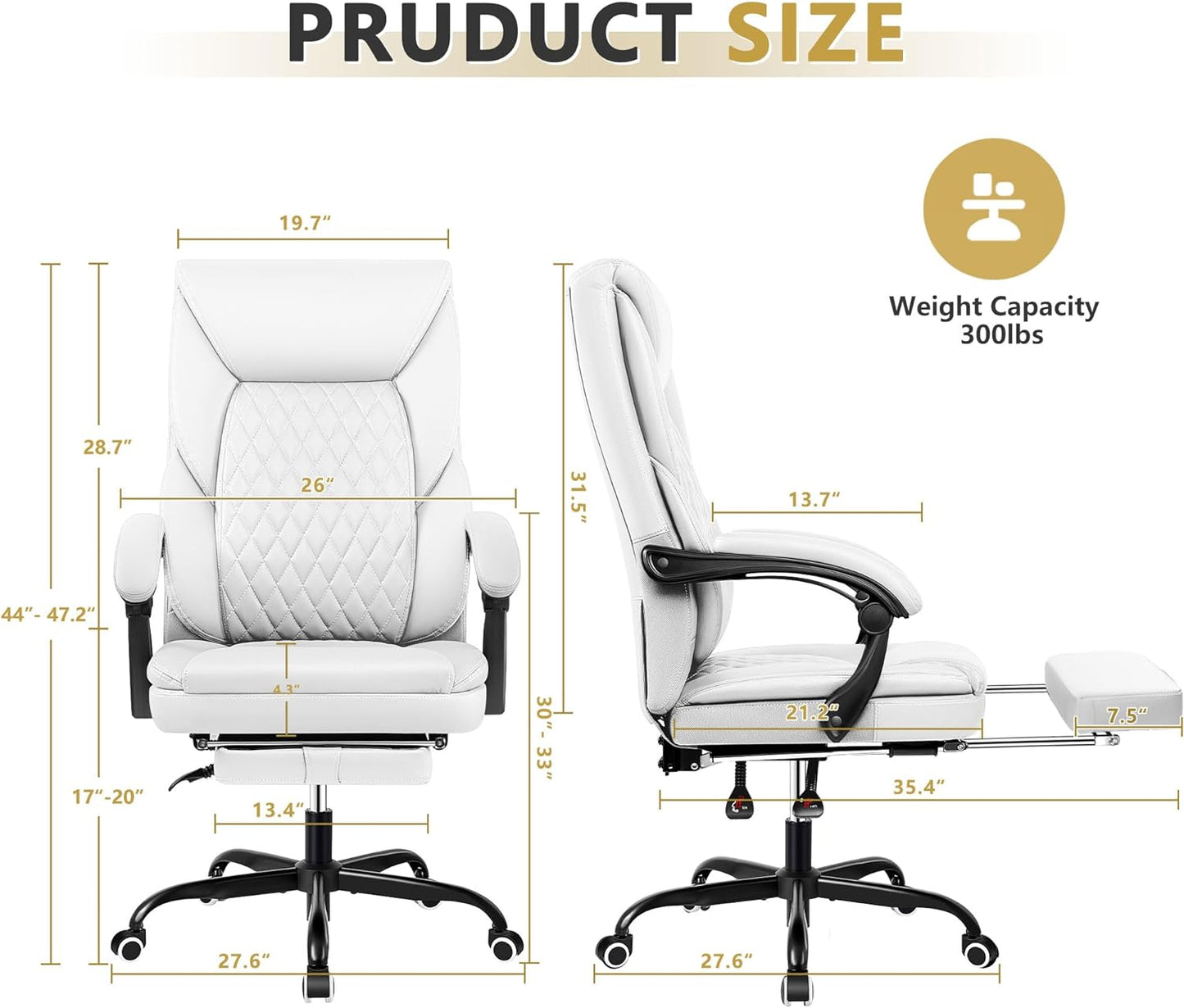 Executive Ergonomic Office Chair with Foot Rest and Lumbar Support, Designed for Big and Tall Individuals - White