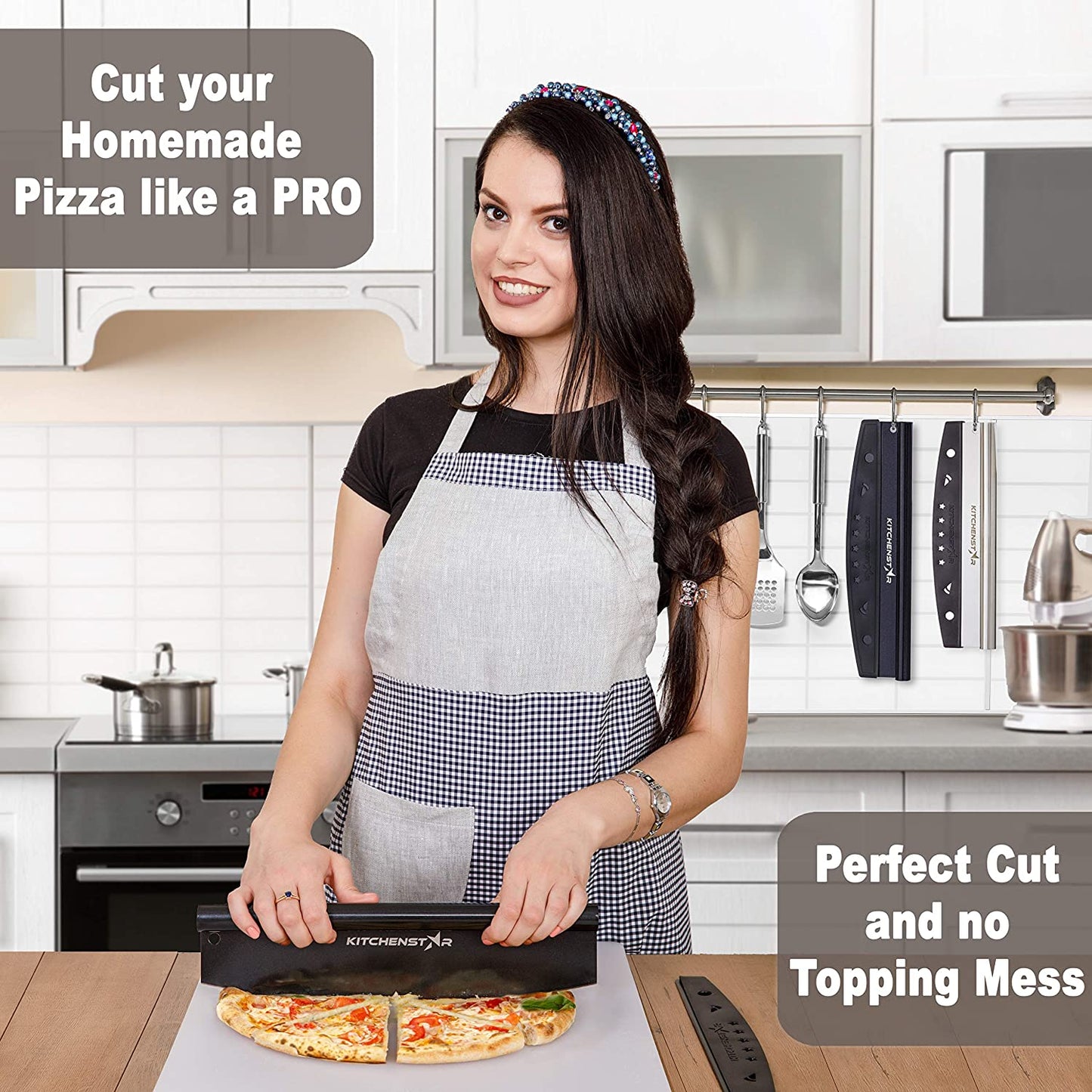  14-Inch Black Non-Stick Pizza Cutter - High-Quality Stainless Steel Slicer Knife with Blade Cover - Rocker Style for Precise Portioning - Dishwasher Safe - Must-Have Pizza Oven Accessory