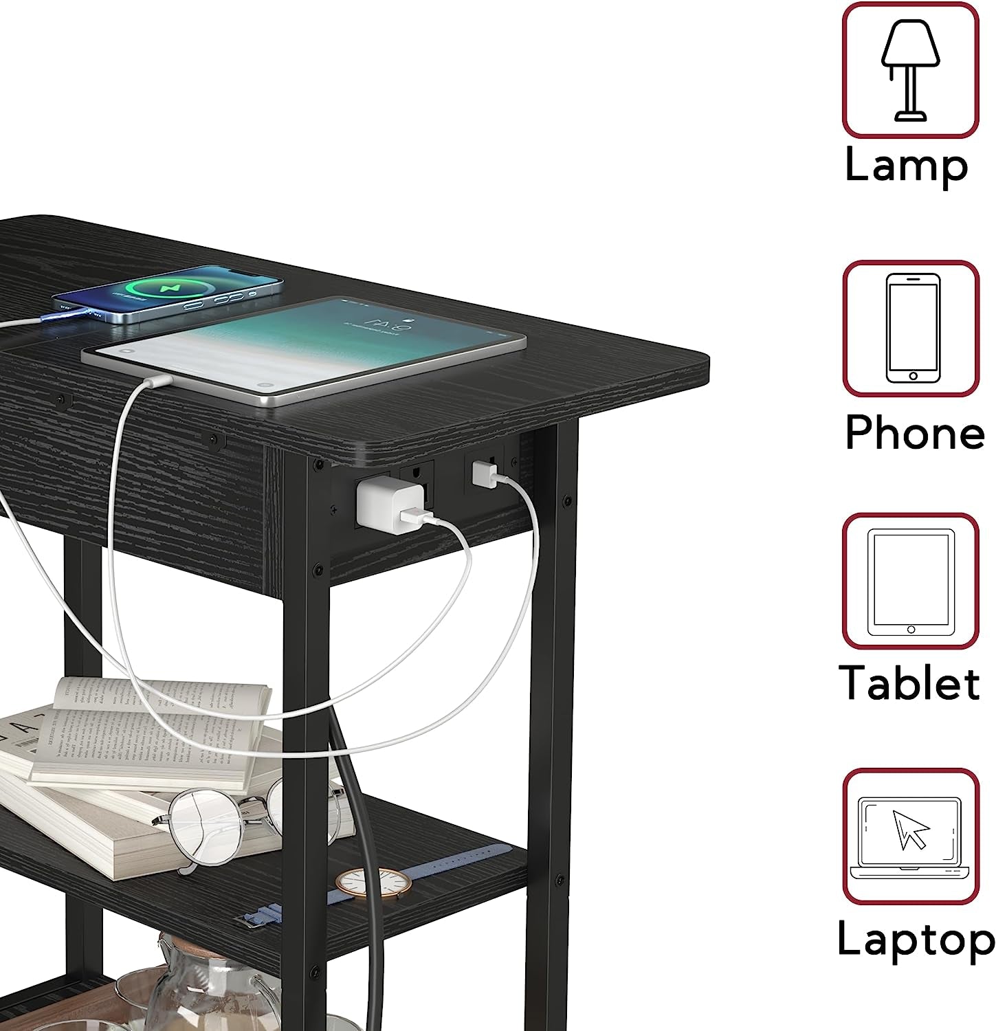 Charging Station End Table: Narrow Couch Side Table with USB Port, Outlet, and Flip-Top Design - Ideal for Small Spaces in Living Room or Bedroom - Color: Black