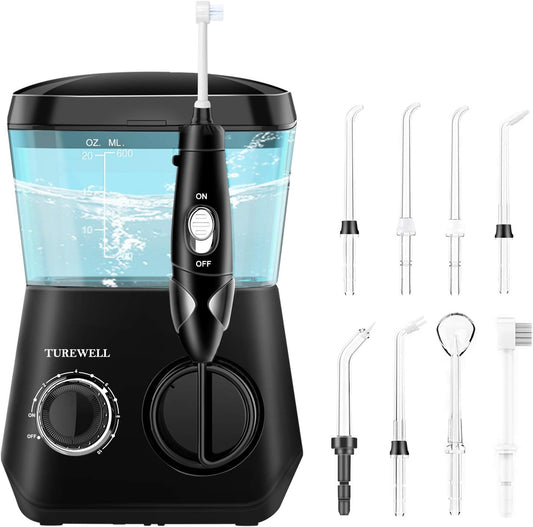  Dental Water Flosser - 600ML Electric Oral Irrigator with 10 Pressure Settings, Countertop Teeth Cleaning Device, 8 Replaceable Jet Tips - Suitable for Whole Families (Black)