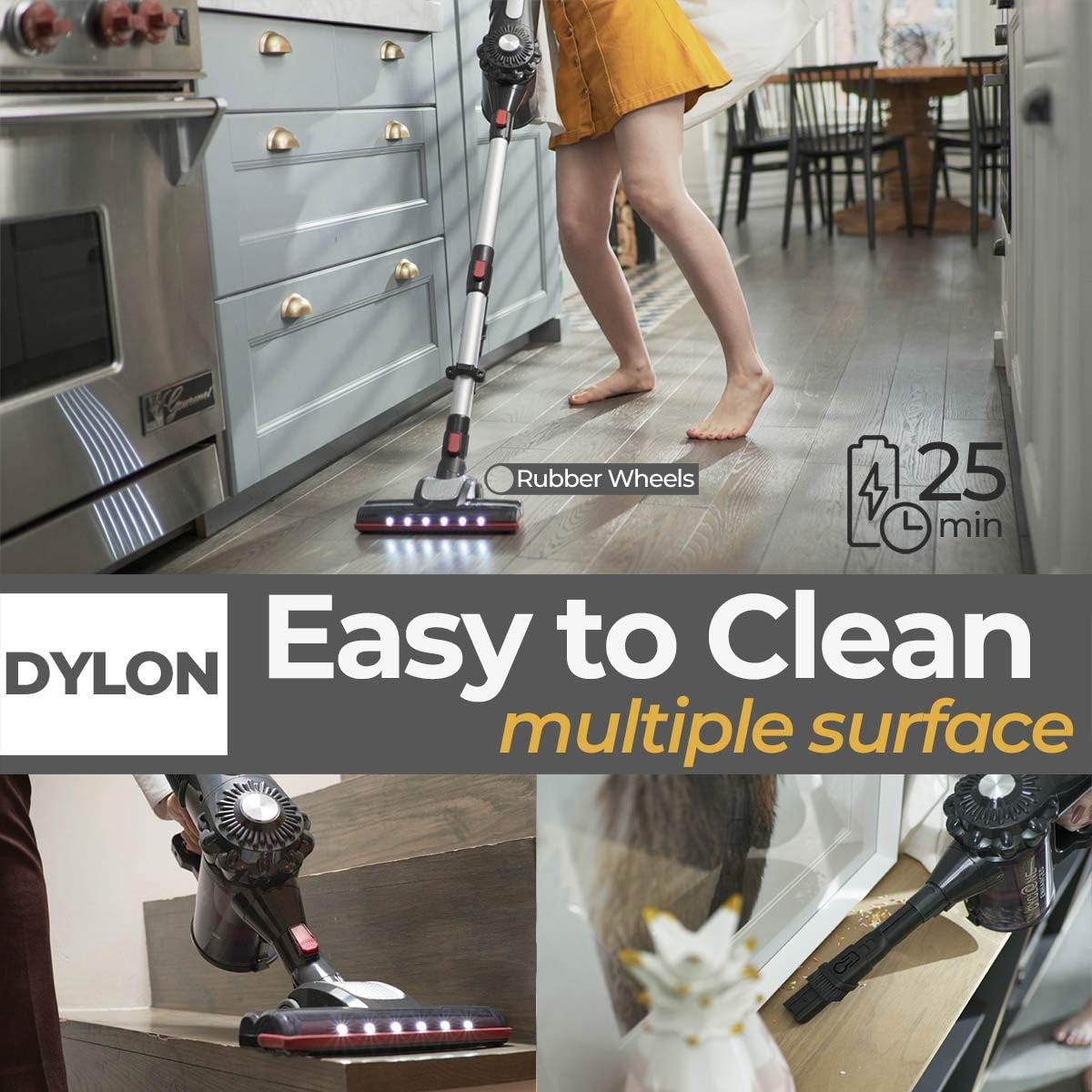 Dylon Cordless Stick Vacuum Cleaner with Self-Standing Feature, Extended Battery Life up to 25 Minutes, and Advanced Filtration System