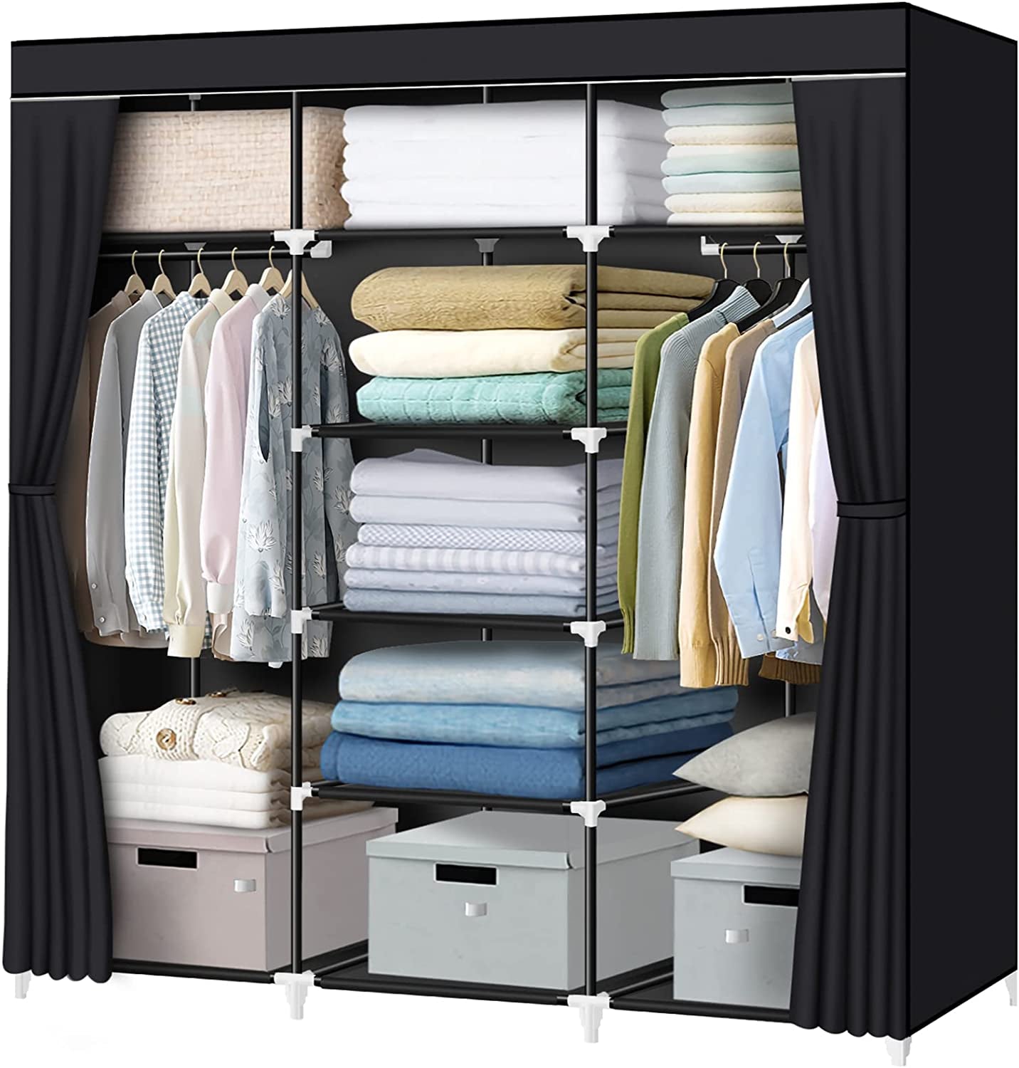 55.5 Inch Portable Wardrobe Closet: Features 2 Hanging Rods and 9 Clothes Storage Organizer Shelves. This Black Closet is Extra Durable and Quick and Easy to Assemble.