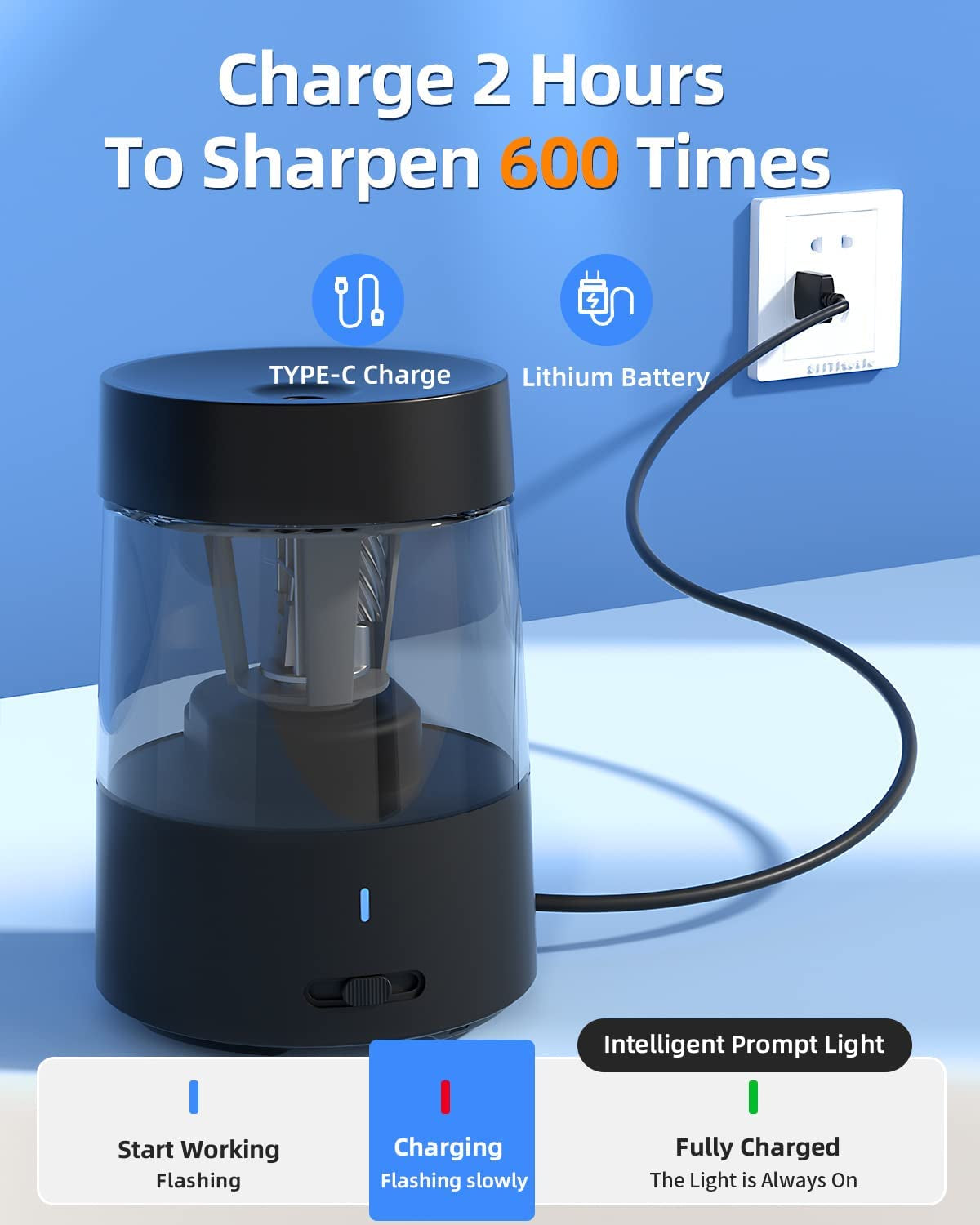 Battery-Powered Electric Pencil Sharpener - Compact and Fast Sharpening, Suitable for No.2/Colored Pencils (6-8mm) - Perfect for School, Classroom, Office, or Home Use in Black.