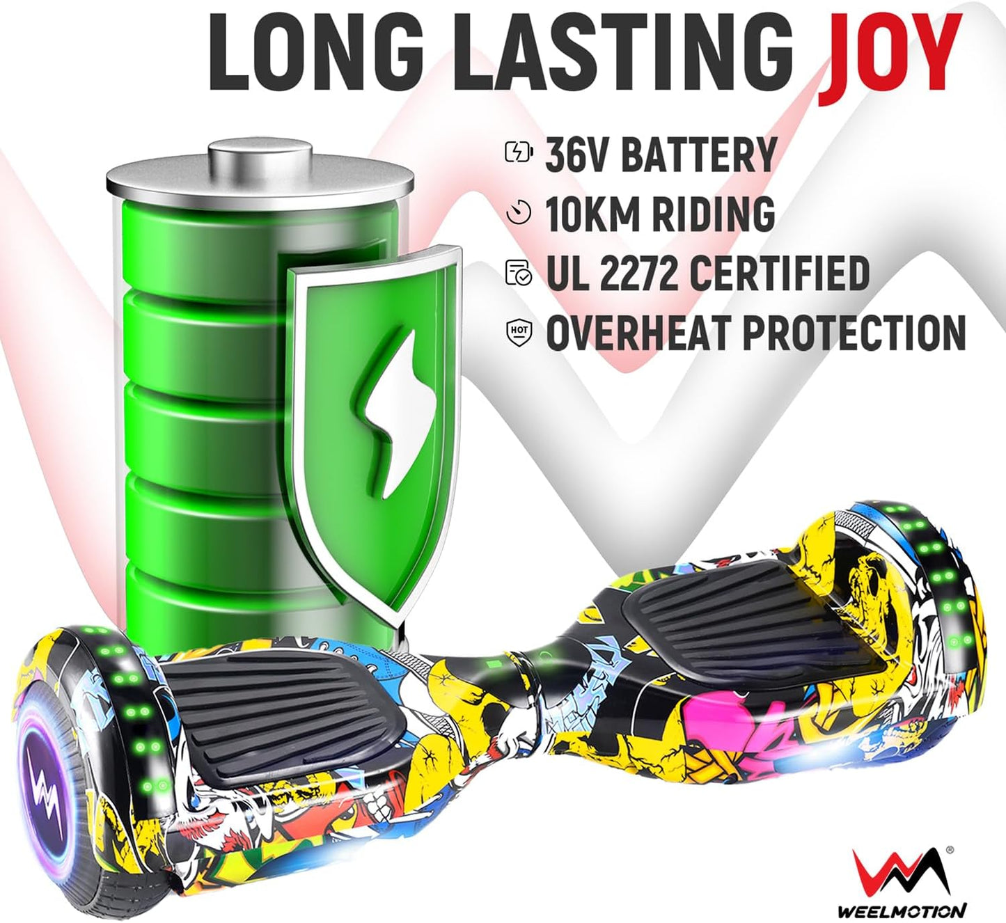 UL2272 Certified Hoverboard with Music Speaker, 6.5" All Terrain Wheels, Vibrant Lights, and Complimentary Hover Board Bag - Range up to 10 kms