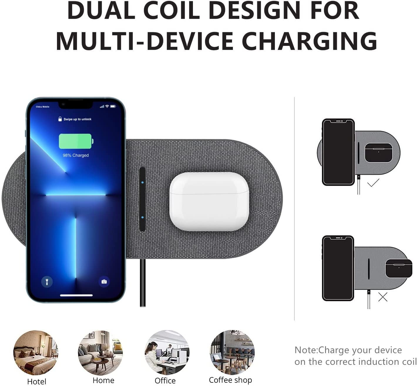 Dual 20W Wireless Charging Pad: 2 in 1 Fast Wireless Charging Mat for iPhone 14, 13, 12, 11/Pro/Plus/Mini/SE/X/Xs and Apple AirPods 3/2/Pro. Also, a 15W Wireless Charger Station for Samsung Galaxy/Note/Galaxy Buds.