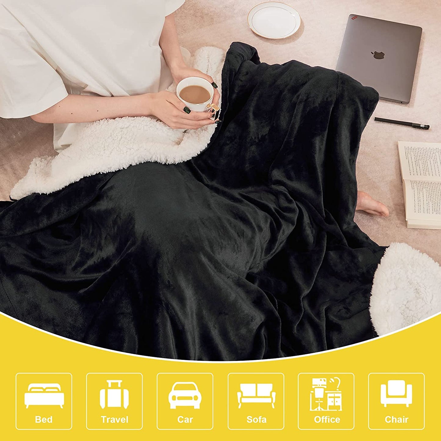 Black Sherpa Fleece Blanket - A Warm, Dual-Sided Fluffy Plush Lap Blanket measuring 50 x 60 inches. Super Soft and ideal for Kids, School Dormitories, Women, Babies, and suitable for All Seasons. A great Gift Throw Blanket.