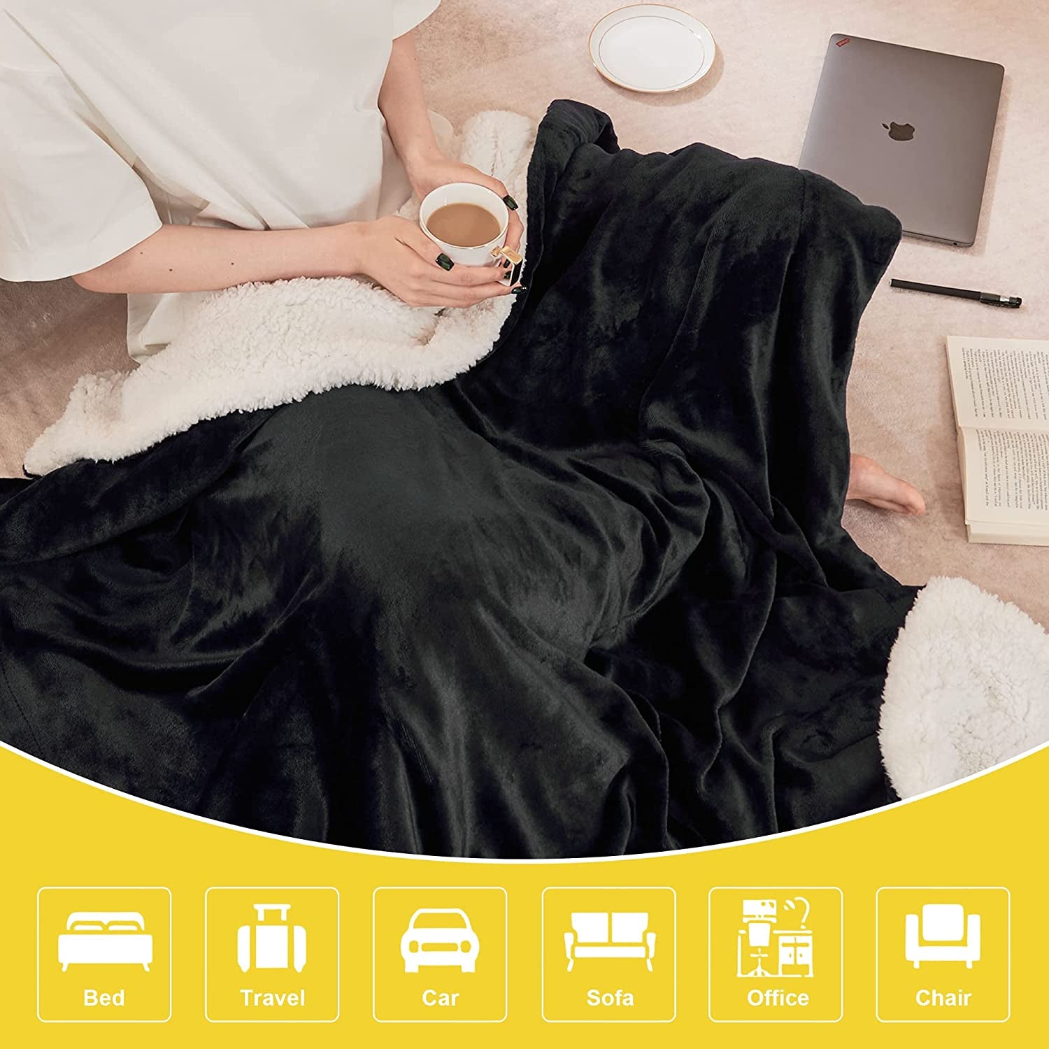 Black Sherpa Fleece Blanket - A Warm, Dual-Sided Fluffy Plush Lap Blanket measuring 50 x 60 inches. Super Soft and ideal for Kids, School Dormitories, Women, Babies, and suitable for All Seasons. A great Gift Throw Blanket.