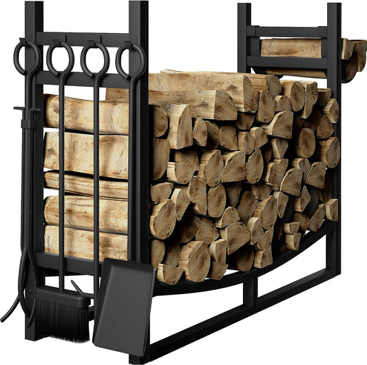 Spacious Firewood Rack with Fireplace Tools - Indoor/Outdoor Fireplace Tool Organizer, Robust Kindling Holder, Sturdy Wood Storage Log Rack, Stacker Stand with Stove Accessories in Black