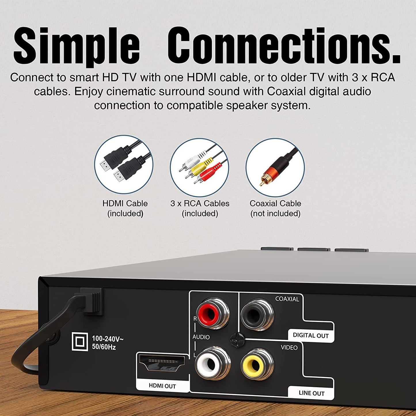 HDMI Multi-Region DVD Player for TV (1080P Upscaling) - CD Player for Home Stereo System - USB Port - Coaxial Digital Audio Out - Metal Casing - Remote Control - Includes HDMI and RCA Cables