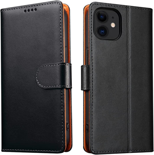 iPhone 11 Wallet Case made of genuine leather with a flip design. It has anti-theft RFID blocking, a kickstand, strong magnetic clasp closure, cash, and credit card slots. Available in Classic Black.