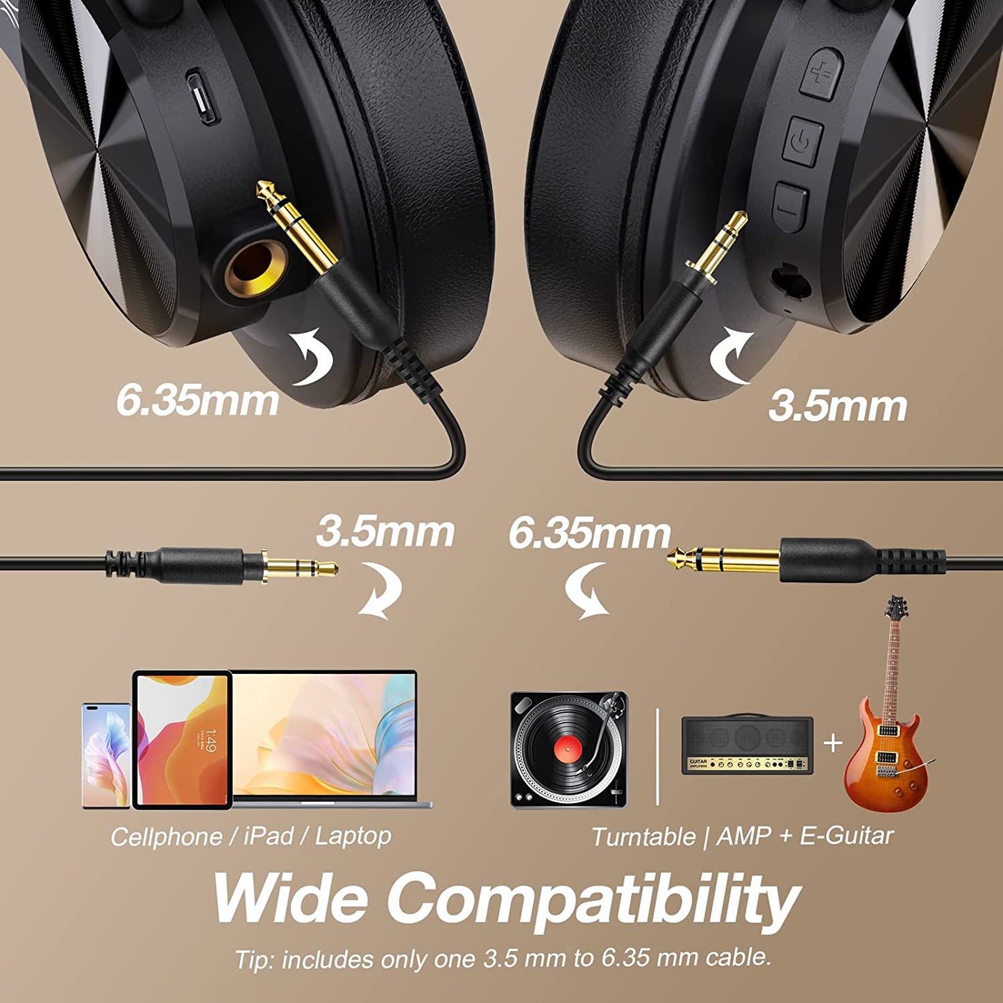 Fusion Studio DJ Headphones: Bluetooth Over-Ear Headphones with 72H Playtime, Share-Port, Wired and Wireless Recording, Stereo Sound for Electric Drum Piano Guitar AMP.