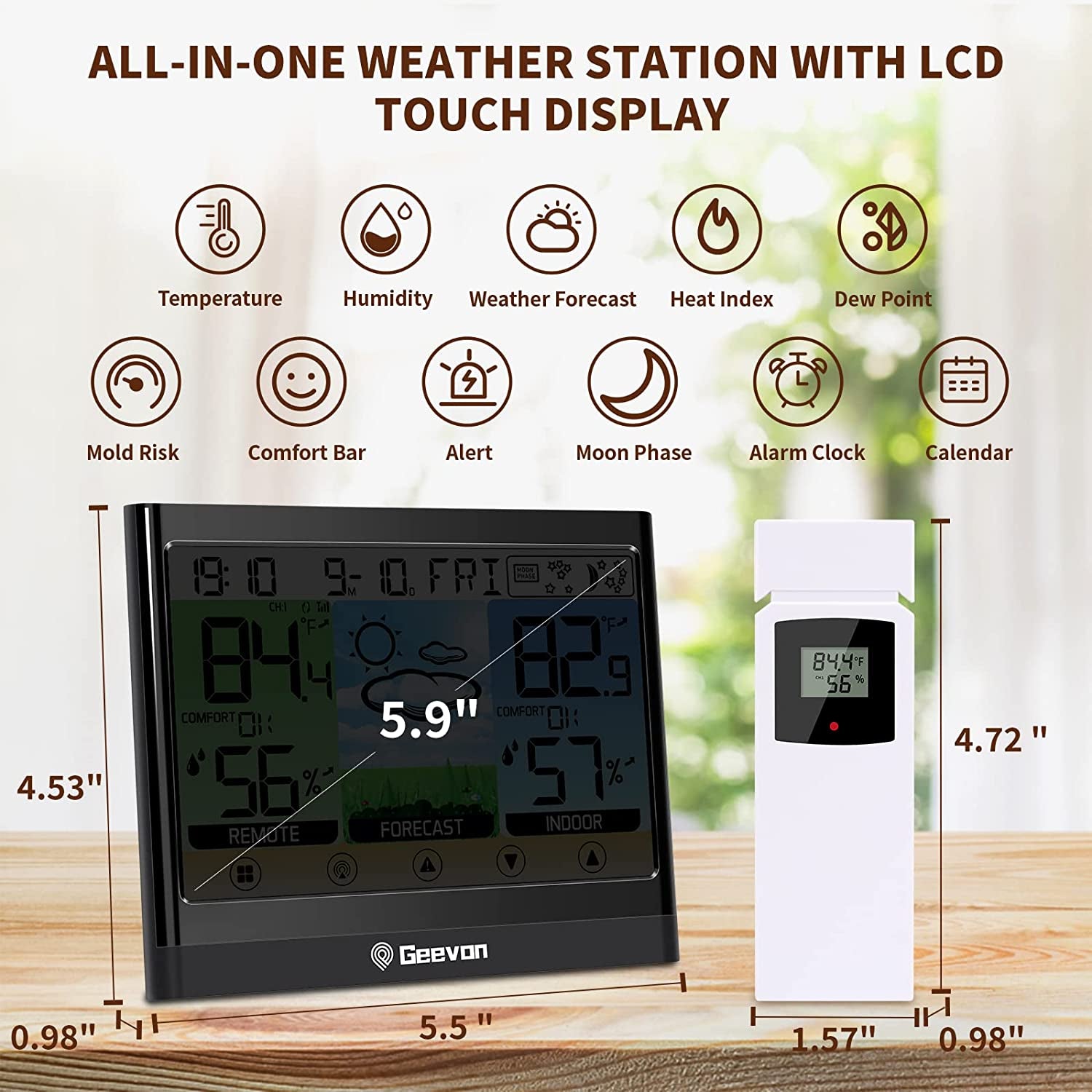  Wireless Indoor Outdoor Thermometer with LCD Touch Display, Heat Index, and Alarm Clock