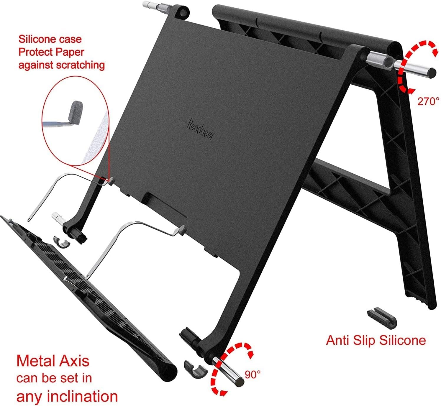 Portable Book Holder: 180° Adjustable Stand for Reading Textbooks, Cookbooks, Music Books, and Documents - Black