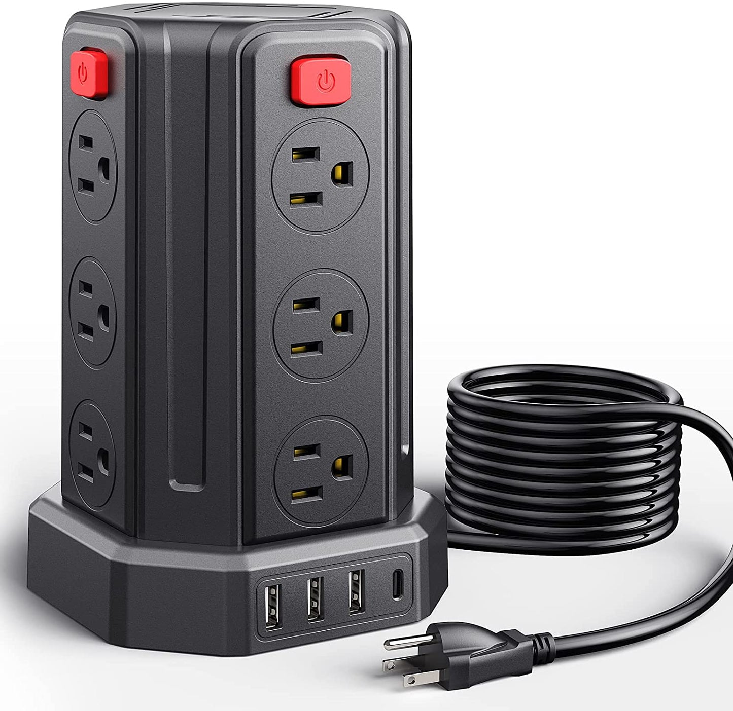 Surge Protector Power Bar with 9.8 FT Extension Cord - 12 AC Outlets, 3 USB Ports, 1 USB C, Overload Protection - Tower Power Bar for Home Office Accessories