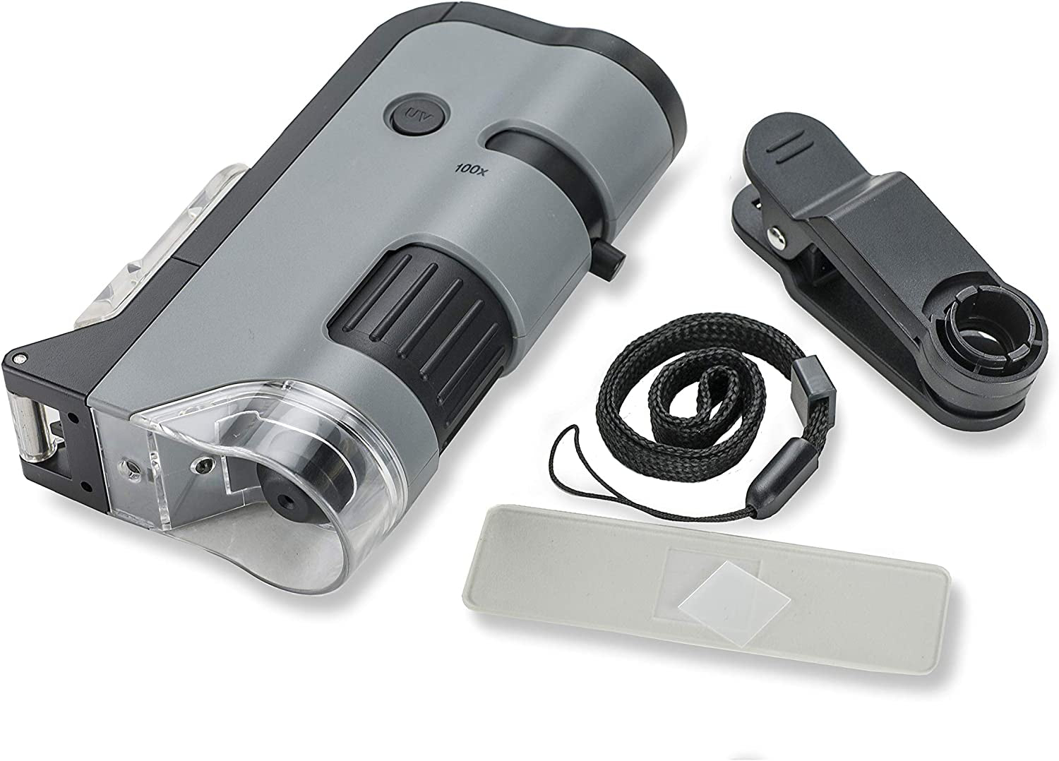 Pocket Microscope Microflip with LED and UV Light, 100X-250X Magnification, Flip Down Slide Base, and Smartphone Digiscoping Clip