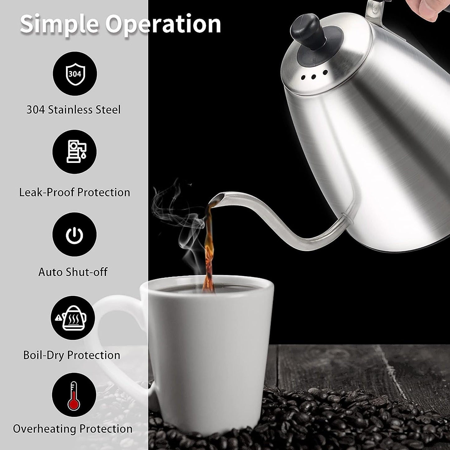 1000W Electric Gooseneck Kettle - A 1L Variable Kettle with 6 Temperature Settings designed for Pour Over Drip Coffee and Tea. It's made from Stainless Steel and features Auto Keep Warming and Boil-Dry Protection for added safety.