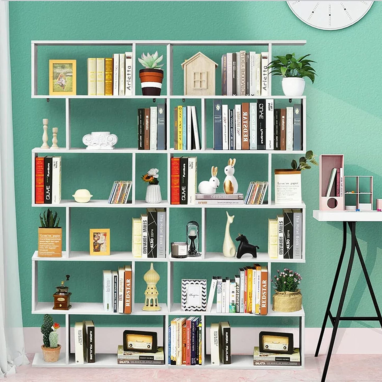 6-Tier Wooden S-Shaped Bookshelf in White - Ideal for Living Room, Bedroom, and Study Room Display.