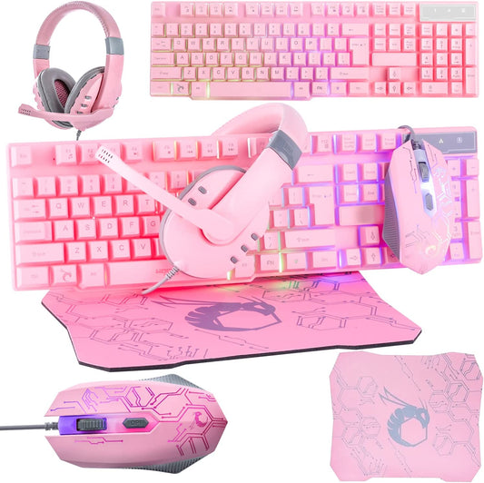 4-in-1 Pink Gaming Bundle: Includes Pink Gaming Keyboard, Mouse, Headset with RGB Backlight, and Mouse Pad. Perfect for Gamers, Xbox, PS4, PS5, and Nintendo Switch Users.