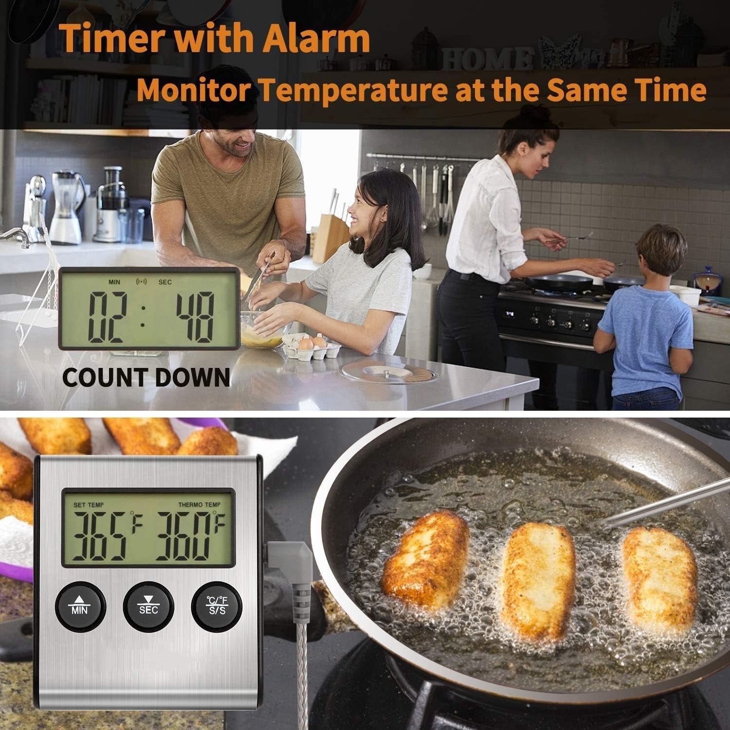 Stainless Steel Digital Cooking Thermometer with Probe and Timer - Large LCD Display - Instant Read Grill/Roasting Thermometer for Smoker, Outdoor Oven, Kitchen, BBQ, and Turkey - Silver Finish