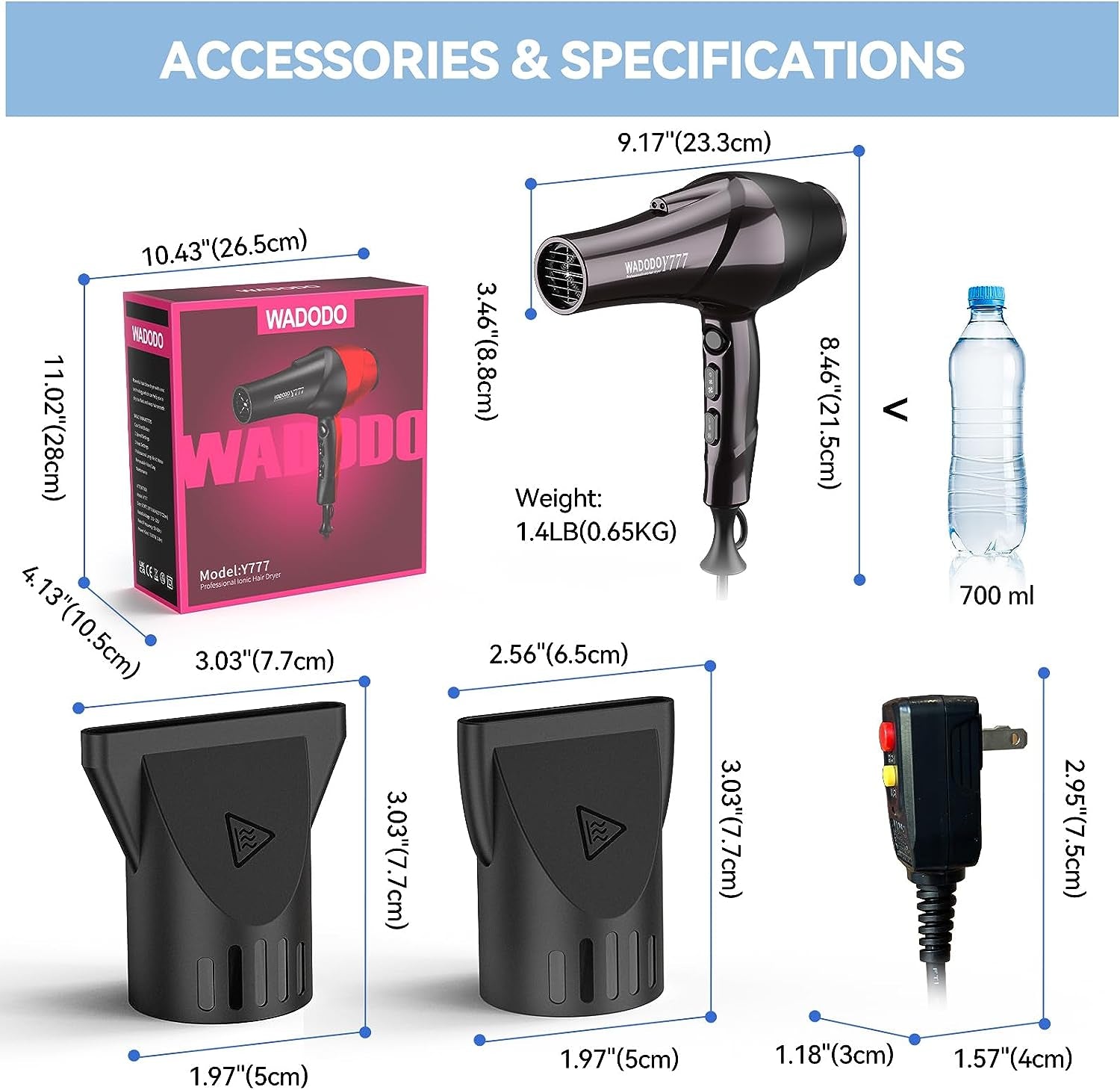 Professional Hair Dryer - 2200W Ionic Blow Dryer with Blue Ray Hair Care, Powerful AC Motor, Fast Drying, Constant Temperature, Low Noise; Suitable for Curly Hair, Ideal for Women and Men, Black Design.