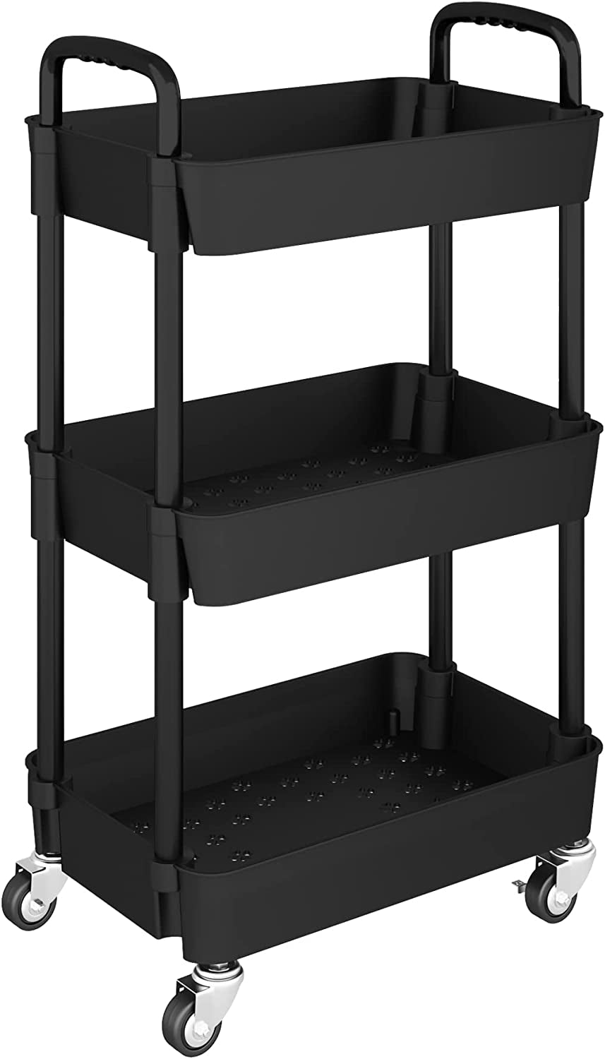 3-Tier Multifunction Kitchen Rolling Utility Cart - Storage Organizer with Handle and 2 Lockable Wheels for Kitchen,Bathroom,Living Room,Office,Black