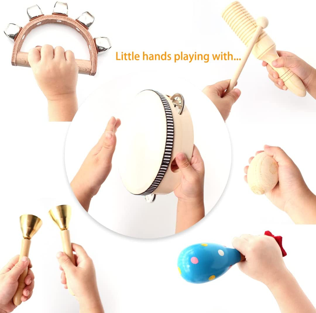 Wooden Musical Instruments Set for Children - Crafted from Safe and Friendly Natural Materials, designed to support Kid's Music Enlightenment. This Percussion Instrument Music Toys Kit is suitable for Preschool Education and includes a Storage Mesh Bag 