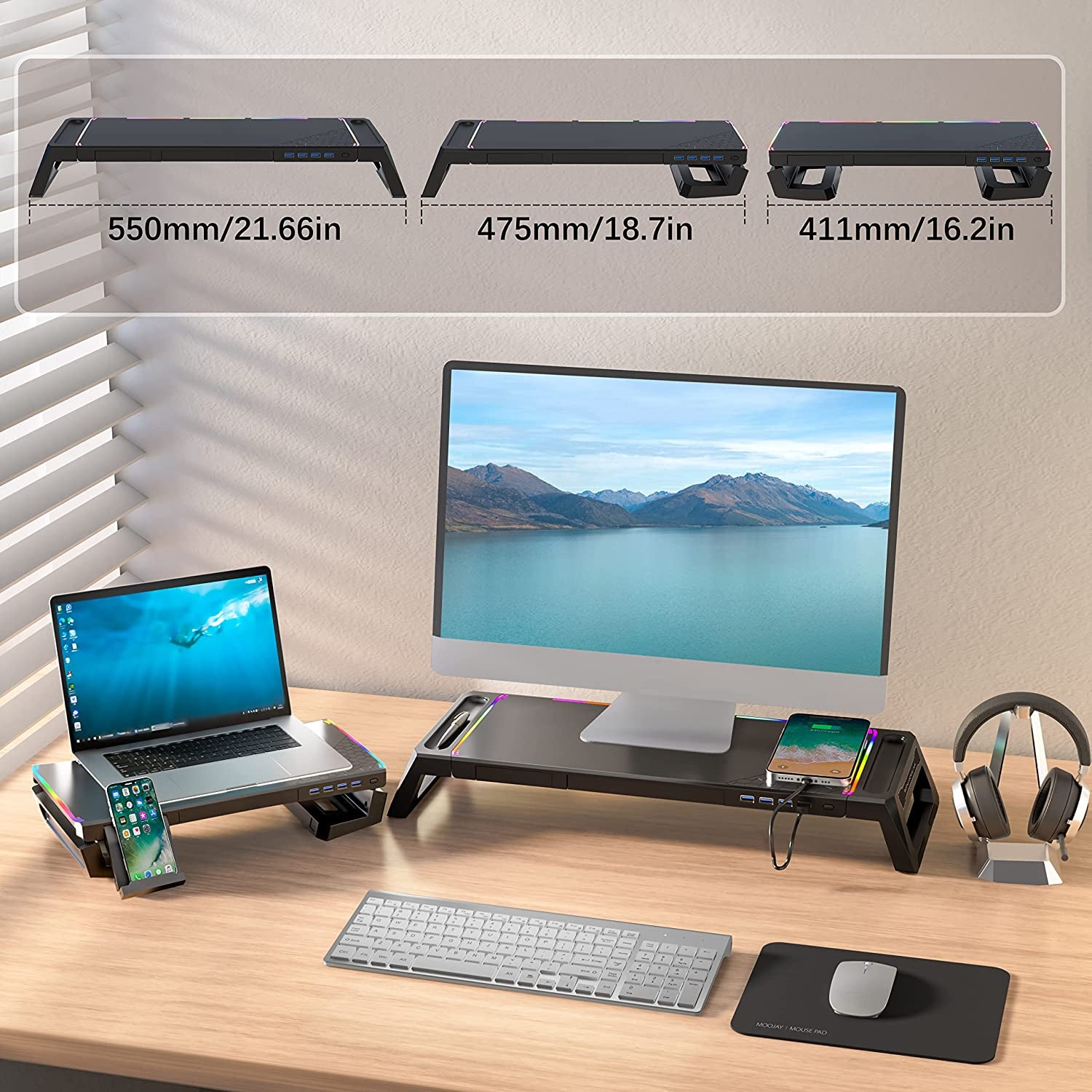 Black Monitor Stand for Desk: Features USB 3.0 Hub, Foldable Design, Storage Drawer, Phone Holder, and Pen Tray - Perfect Computer Screen Riser and Desk Organizer for PC, Laptop, iMac, and More