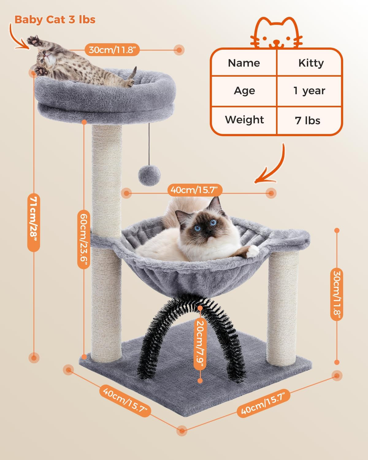 28" Small Cat Tree with Plush Hammock, Scratching Post, Top Perch, Cat Brush, and Dangling Ball - Ideal for Indoor Kittens - Grey