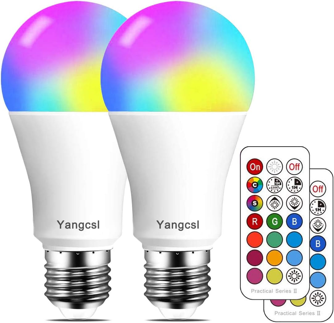 Pack of 2 LED Light Bulbs: Equivalent to 70W, RGB Color Changing Bulbs with 2 Moods, Memory, Sync, Dimmable, A19 E26 Screw Base, and Timing Remote Control Included.