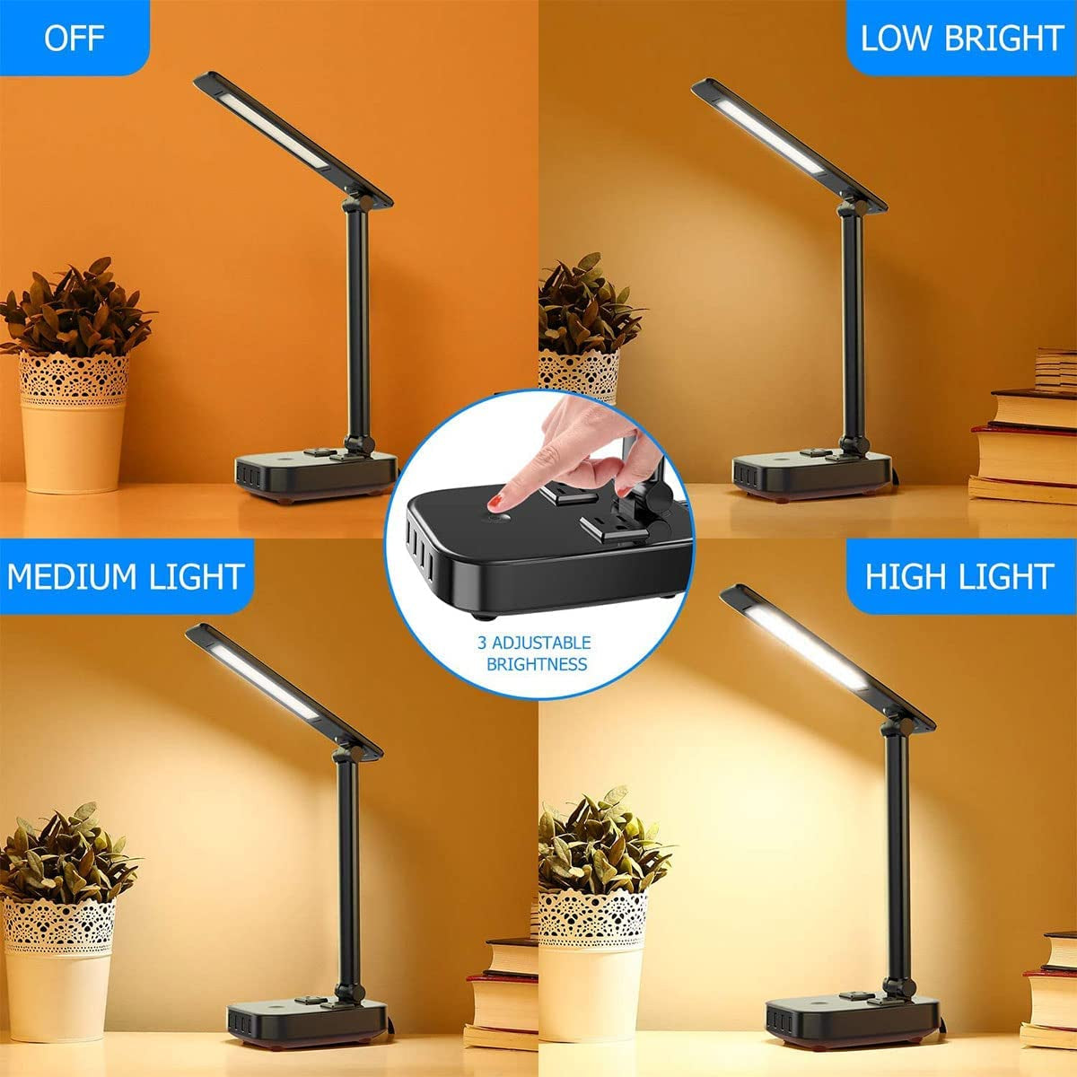 Desk Lamp with AC Outlet, USB Charging Port, Touch Control, 3 Brightness Levels, Foldable LED Desk Lamp for Space-Saving, Eye-Caring Study Lamp for Home Office (Includes Plug)