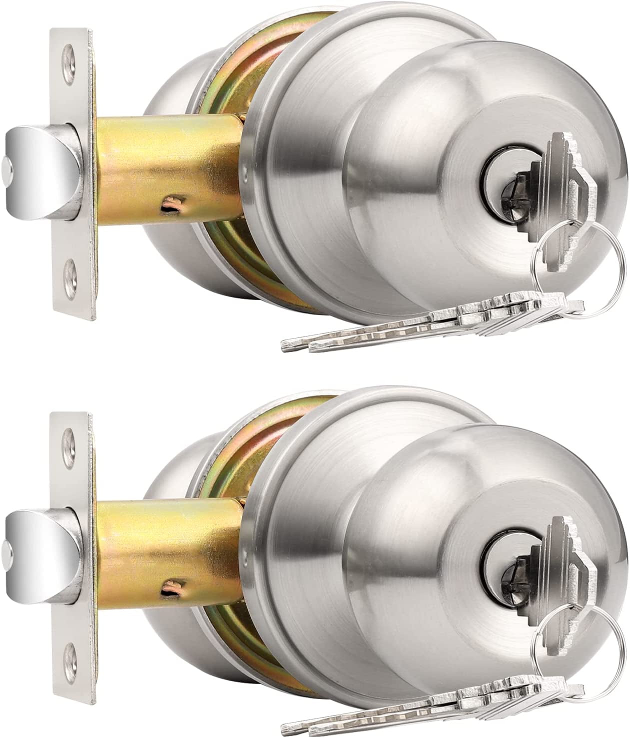 Set of 2 Keyed Alike Entry Door Knobs with Lock and Key - Ball Door Knob Handles with a Brushed Nickel Finish, Ideal for Entrance Door Locksets.