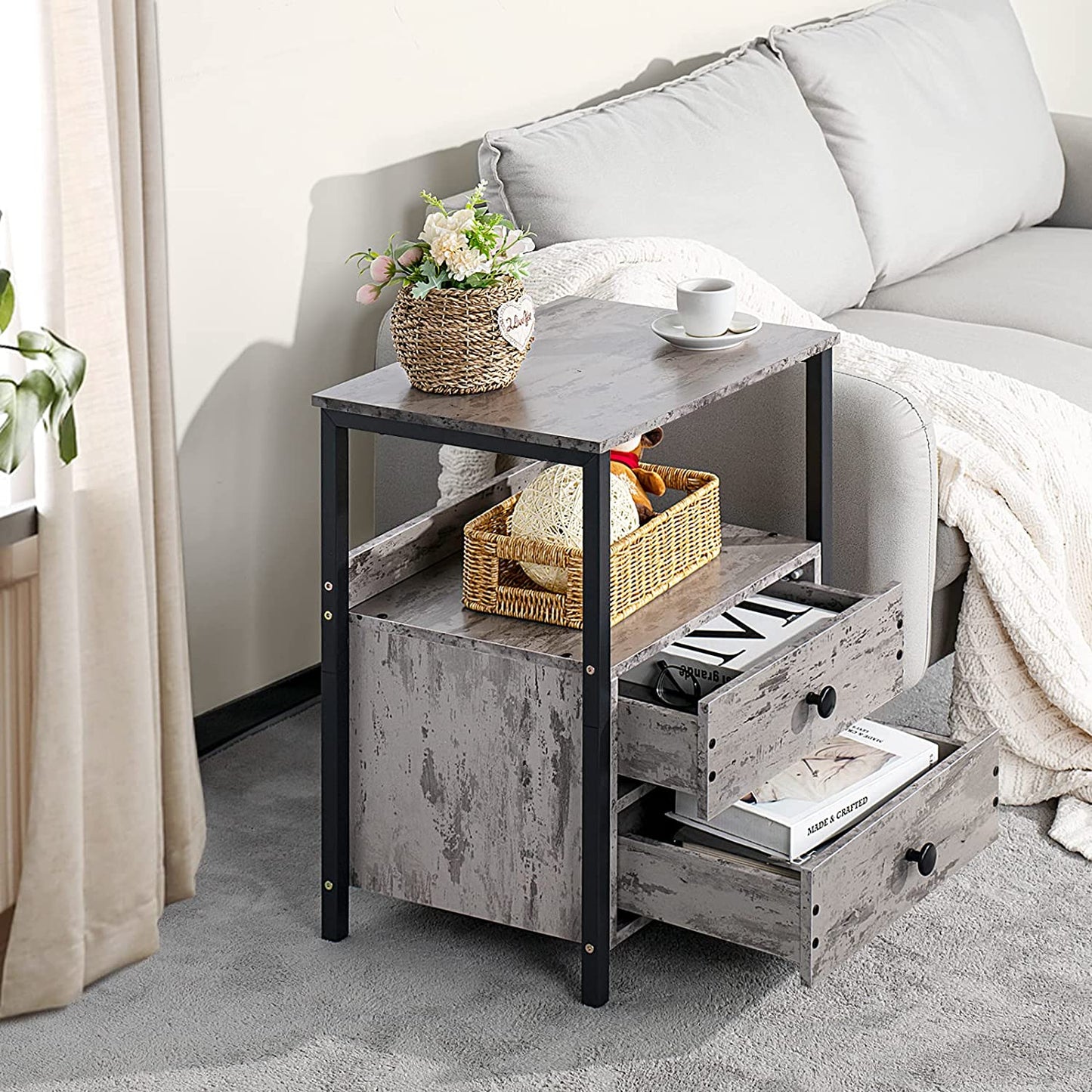 Grey Industrial Nightstand: Bedside Table with 2 Drawers, Open Shelf, and Steel Frame, Ideal for Bedroom or Dorm Use, 23.6'' in Height, Grey Color