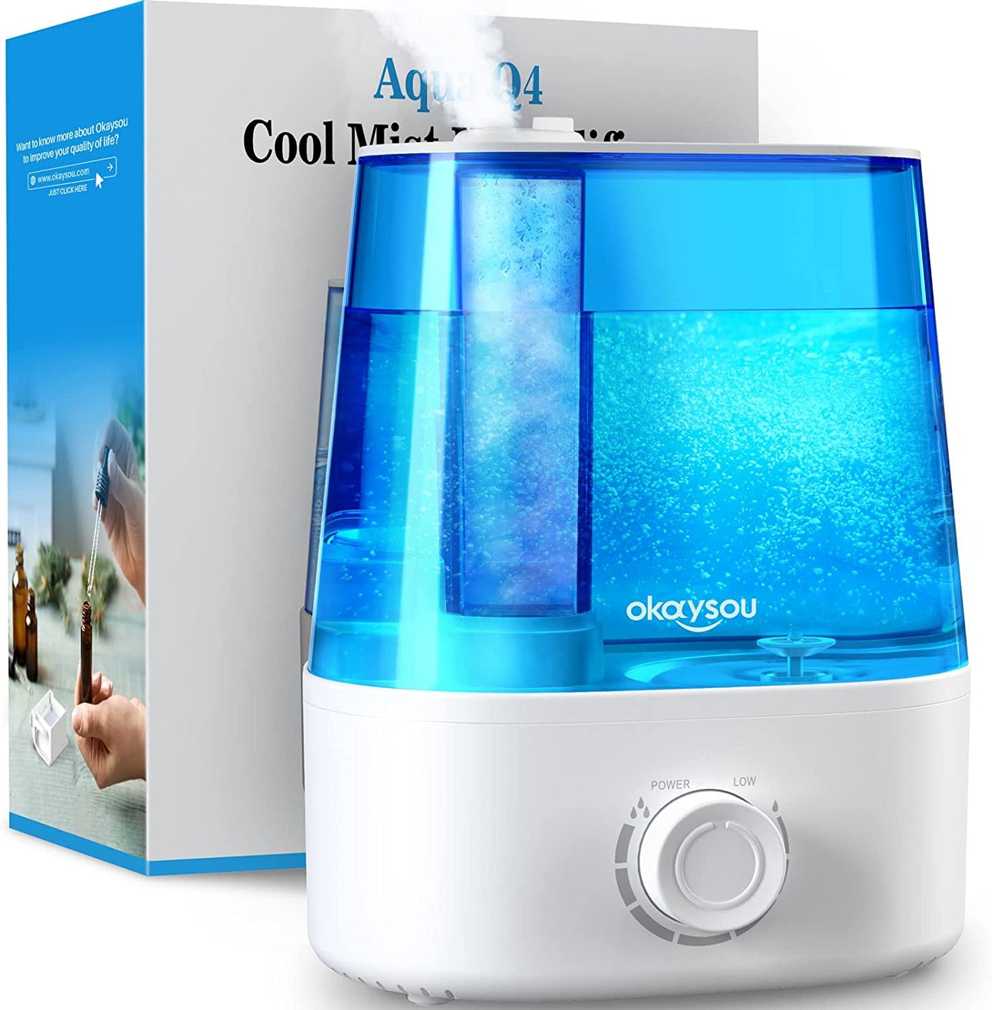  Large Room Humidifier with Essential Oil Diffuser, 2.2L Capacity, Quiet Cool Mist Ultrasonic Technology, 360° Mist Nozzle, Easy-Fill Tank, Auto Safety Shut-off, Blue Color