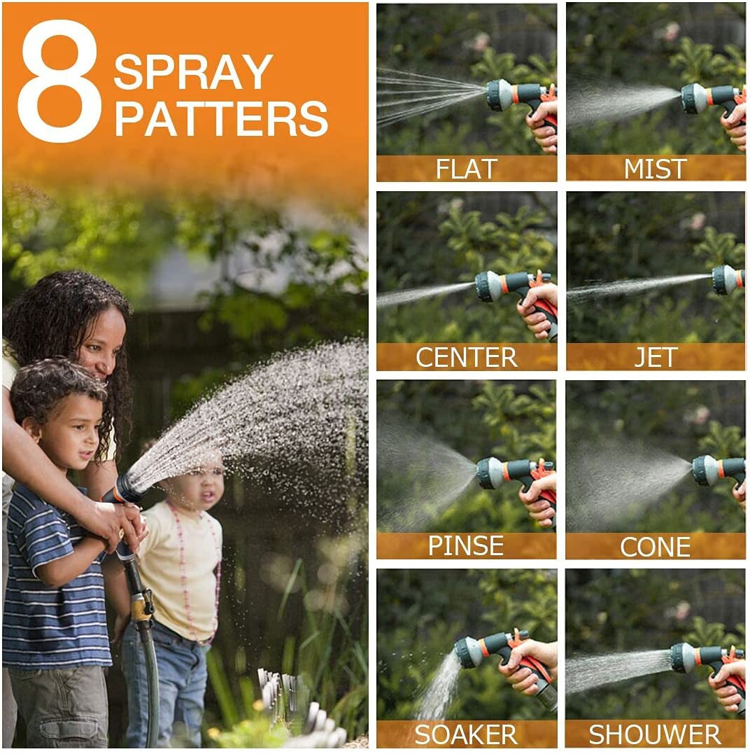 Garden Hose Nozzle - Set of 2 Watering Hose Nozzles - Hand Sprayer with 8 Spray Patterns for Efficient Garden Watering, Car Wash, Cleaning, and Pet Showering (Orange)