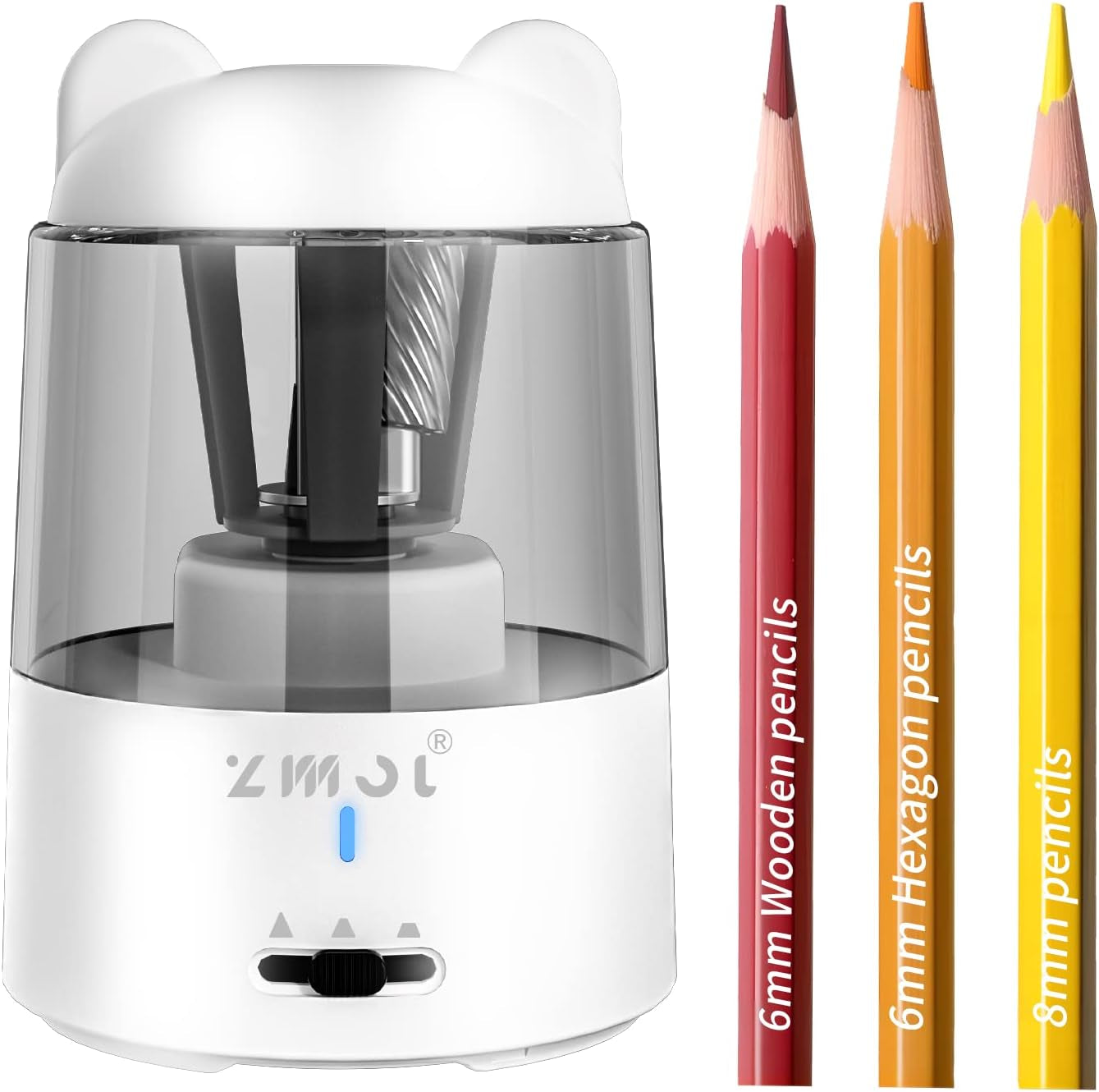 Small Battery-Powered Electric Pencil Sharpener - Quickly Sharpens No.2/Colored Pencils (6-8mm) - Ideal for School, Classroom, Office, and Home Use in White