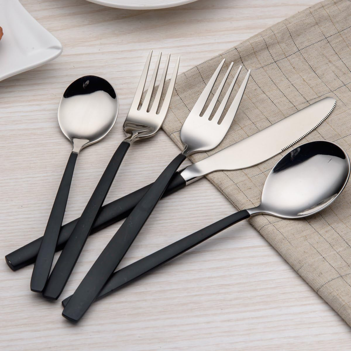  Black and  Silver 20-Piece Titanium Black Plated Stainless Steel Flatware Set - Featuring Black Handles with Silver Mouth, Providing an Elegant Black and Silver Cutlery Set for Service for 4.